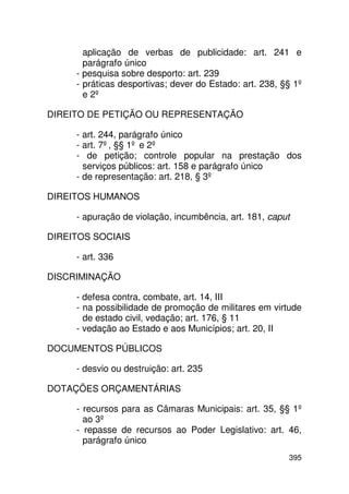 aplicação de verbas de publicidade: art. 241 e
       parágrafo único
     - pesquisa sobre desporto: art. 239
     - práticas desportivas; dever do Estado: art. 238, §§ 1º
       e 2º

DIREITO DE PETIÇÃO OU REPRESENTAÇÃO

     - art. 244, parágrafo único
     - art. 7º, §§ 1º e 2º
     - de petição; controle popular na prestação dos
       serviços públicos: art. 158 e parágrafo único
     - de representação: art. 218, § 3º

DIREITOS HUMANOS

     - apuração de violação, incumbência, art. 181, caput

DIREITOS SOCIAIS

     - art. 336

DISCRIMINAÇÃO

     - defesa contra, combate, art. 14, III
     - na possibilidade de promoção de militares em virtude
       de estado civil, vedação; art. 176, § 11
     - vedação ao Estado e aos Municípios; art. 20, II

DOCUMENTOS PÚBLICOS

     - desvio ou destruição: art. 235

DOTAÇÕES ORÇAMENTÁRIAS

     - recursos para as Câmaras Municipais: art. 35, §§ 1º
       ao 3º
     - repasse de recursos ao Poder Legislativo: art. 46,
       parágrafo único
                                                         395
 