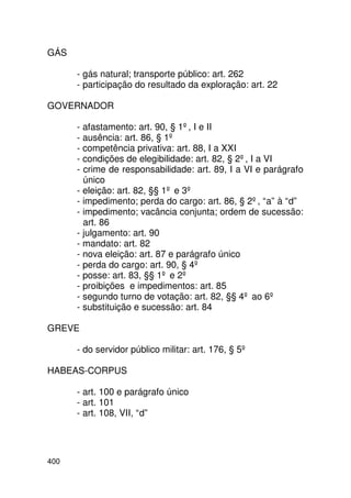 GÁS

      - gás natural; transporte público: art. 262
      - participação do resultado da exploração: art. 22

GOVERNADOR

      - afastamento: art. 90, § 1º, I e II
      - ausência: art. 86, § 1º
      - competência privativa: art. 88, I a XXI
      - condições de elegibilidade: art. 82, § 2º, I a VI
      - crime de responsabilidade: art. 89, I a VI e parágrafo
        único
      - eleição: art. 82, §§ 1º e 3º
      - impedimento; perda do cargo: art. 86, § 2º, “a” à “d”
      - impedimento; vacância conjunta; ordem de sucessão:
        art. 86
      - julgamento: art. 90
      - mandato: art. 82
      - nova eleição: art. 87 e parágrafo único
      - perda do cargo: art. 90, § 4º
      - posse: art. 83, §§ 1º e 2º
      - proibições e impedimentos: art. 85
      - segundo turno de votação: art. 82, §§ 4º ao 6º
      - substituição e sucessão: art. 84

GREVE

      - do servidor público militar: art. 176, § 5º

HABEAS-CORPUS

      - art. 100 e parágrafo único
      - art. 101
      - art. 108, VII, “d”




400
 