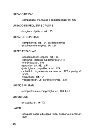 JUIZADO DE PAZ

      - composição, mandatos e competências: art. 126

JUIZADO DE PEQUENAS CAUSAS

      - função e objetivos: art. 125

JUIZADOS ESPECIAIS

      - competência: art. 124, parágrafo único
      - provimento e funções: art. 124

JUÍZES ESTADUAIS

      - aposentadoria; reajuste: art. 103
      - concurso; ingresso na carreira: art.117
      - entrâncias: art. 116
      - garantias: art. 98, I a III
      - jurisdição e competência: art. 115
      - substituto; ingresso na carreira: art. 122 e parágrafo
        único
      - titularidade: art. 121
      - vedações: art. 98, parágrafo único, I a III

JUSTIÇA MILITAR

      - competências e composição: art. 123, I e II

JUVENTUDE

      - proteção: art. 16, XV

LAZER

      - pesquisa sobre educação física, desporto e lazer: art.
        239

404
 