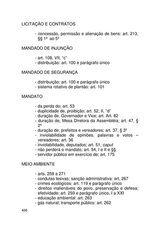 LICITAÇÃO E CONTRATOS

      - concessão, permissão e alienação de bens: art. 213,
        §§ 1º ao 5º

MANDADO DE INJUNÇÃO

      - art. 108, VII, “c”
      - distribuição: art. 100 e parágrafo único

MANDADO DE SEGURANÇA

      - distribuição: art. 100 e parágrafo único
      - sistema rotativo de plantão: art. 101

MANDATO

      - da perda do; art. 53
      - duplicidade de, proibição; art. 52, II, “d”
      - duração de, Governador e Vice; art. Art. 82
      - duração de, Mesa Diretora da Assembléia; art. 47, §
        2º
      - duração de, prefeitos e vereadores; art. 37, § 3º
      - inviolabilidade de opiniões, palavras e votos –
        vereadores; art. 36
      - inviolabilidade, deputados; art. 51, caput
      - não perderá o mandato; art. 54, I e II e §§
      - servidor público em exercício de; art. 175

MEIO AMBIENTE

      - arts. 259 a 271
      - condutas lesivas; sanção administrativa: art. 267
      - crimes ecológicos: art. 119 e parágrafo único
      - direitos inalienáveis do povo, preservação e defesa;
        efetividade: art. 259 e parágrafo único, I a XXI
      - educação ambiental: art. 263
      - gás natural; transporte público: art. 262
406
 