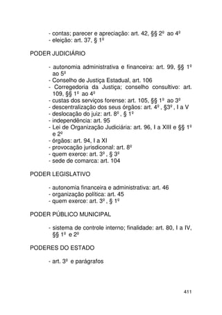 - contas; parecer e apreciação: art. 42, §§ 2º ao 4º
     - eleição: art. 37, § 1º

PODER JUDICIÁRIO

     - autonomia administrativa e financeira: art. 99, §§ 1º
       ao 5º
     - Conselho de Justiça Estadual, art. 106
     - Corregedoria da Justiça; conselho consultivo: art.
       109, §§ 1º ao 4º
     - custas dos serviços forense: art. 105, §§ 1º ao 3º
     - descentralização dos seus órgãos: art. 4º, §3º, I a V
     - deslocação do juiz: art. 8º, § 1º
     - independência: art. 95
     - Lei de Organização Judiciária: art. 96, I a XIII e §§ 1º
       e 2º
     - órgãos: art. 94, I a XI
     - provocação jurisdiconal: art. 8º
     - quem exerce: art. 3º, § 3º
     - sede de comarca: art. 104

PODER LEGISLATIVO

     - autonomia financeira e administrativa: art. 46
     - organização política: art. 45
     - quem exerce: art. 3º, § 1º

PODER PÚBLICO MUNICIPAL

     - sistema de controle interno; finalidade: art. 80, I a IV,
       §§ 1º e 2º

PODERES DO ESTADO

     - art. 3º e parágrafos




                                                            411
 