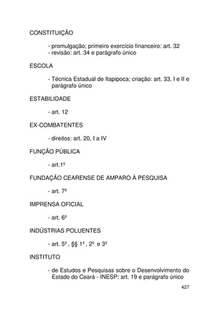CONSTITUIÇÃO

     - promulgação; primeiro exercício financeiro: art. 32
     - revisão: art. 34 e parágrafo único

ESCOLA

     - Técnica Estadual de Itapipoca; criação: art. 33, I e II e
       parágrafo único

ESTABILIDADE

     - art. 12

EX-COMBATENTES

     - direitos: art. 20, I a IV

FUNÇÃO PÚBLICA

     - art.1º

FUNDAÇÃO CEARENSE DE AMPARO À PESQUISA

     - art. 7º

IMPRENSA OFICIAL

     - art. 6º

INDÚSTRIAS POLUENTES

     - art. 5º, §§ 1º, 2º e 3º

INSTITUTO

     - de Estudos e Pesquisas sobre o Desenvolvimento do
       Estado do Ceará - INESP: art. 19 e parágrafo único
                                                             427
 