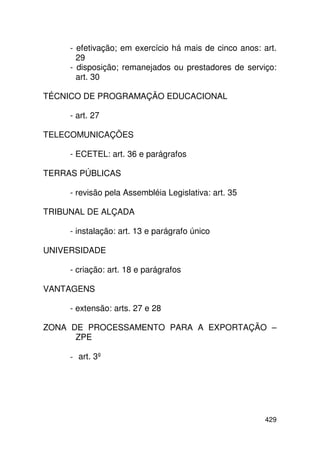 - efetivação; em exercício há mais de cinco anos: art.
       29
     - disposição; remanejados ou prestadores de serviço:
       art. 30

TÉCNICO DE PROGRAMAÇÃO EDUCACIONAL

     - art. 27

TELECOMUNICAÇÕES

     - ECETEL: art. 36 e parágrafos

TERRAS PÚBLICAS

     - revisão pela Assembléia Legislativa: art. 35

TRIBUNAL DE ALÇADA

     - instalação: art. 13 e parágrafo único

UNIVERSIDADE

     - criação: art. 18 e parágrafos

VANTAGENS

     - extensão: arts. 27 e 28

ZONA DE PROCESSAMENTO PARA A EXPORTAÇÃO –
      ZPE

     - art. 3º




                                                        429
 