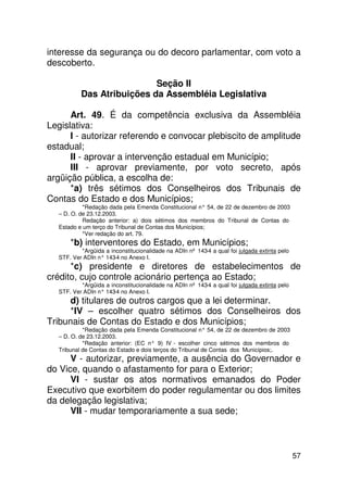 interesse da segurança ou do decoro parlamentar, com voto a
descoberto.

                           Seção II
          Das Atribuições da Assembléia Legislativa

      Art. 49. É da competência exclusiva da Assembléia
Legislativa:
      I - autorizar referendo e convocar plebiscito de amplitude
estadual;
      II - aprovar a intervenção estadual em Município;
      III - aprovar previamente, por voto secreto, após
argüição pública, a escolha de:
      *a) três sétimos dos Conselheiros dos Tribunais de
Contas do Estado e dos Municípios;
           *Redação dada pela Emenda Constitucional n° 54, de 22 de dezembro de 2003
  – D. O. de 23.12.2003.
           Redação anterior: a) dois sétimos dos membros do Tribunal de Contas do
  Estado e um terço do Tribunal de Contas dos Municípios;
           *Ver redação do art. 79.
      *b) interventores do Estado, em Municípios;
          *Argüida a inconstitucionalidade na ADIn nº 143-4 a qual foi julgada extinta pelo
  STF. Ver ADIn n° 143 no Anexo I.
                      -4
      *c) presidente e diretores de estabelecimentos de
crédito, cujo controle acionário pertença ao Estado;
          *Argüida a inconstitucionalidade na ADIn nº 143-4 a qual foi julgada extinta pelo
  STF. Ver ADIn n° 143 no Anexo I.
                      -4
      d) titulares de outros cargos que a lei determinar.
      *IV – escolher quatro sétimos dos Conselheiros dos
Tribunais de Contas do Estado e dos Municípios;
           *Redação dada pela Emenda Constitucional n° 54, de 22 de dezembro de 2003
  – D. O. de 23.12.2003.
           *Redação anterior: (EC n° 9) IV - escolher cinco sétimos dos membros do
  Tribunal de Contas do Estado e dois terços do Tribunal de Contas dos Municípios;.
      V - autorizar, previamente, a ausência do Governador e
do Vice, quando o afastamento for para o Exterior;
      VI - sustar os atos normativos emanados do Poder
Executivo que exorbitem do poder regulamentar ou dos limites
da delegação legislativa;
      VII - mudar temporariamente a sua sede;



                                                                                              57
 