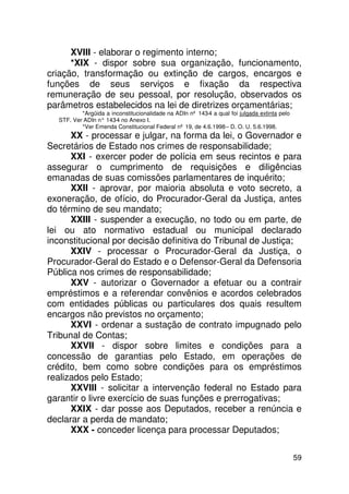 XVIII - elaborar o regimento interno;
      *XIX - dispor sobre sua organização, funcionamento,
criação, transformação ou extinção de cargos, encargos e
funções de seus serviços e fixação da respectiva
remuneração de seu pessoal, por resolução, observados os
parâmetros estabelecidos na lei de diretrizes orçamentárias;
          *Argüida a inconstitucionalidade na ADIn nº 143-4 a qual foi julgada extinta pelo
  STF. Ver ADIn n° 143 no Anexo I.
                      -4
          *Ver Emenda Constitucional Federal nº 19, de 4.6.1998 – D. O. U. 5.6.1998.
      XX - processar e julgar, na forma da lei, o Governador e
Secretários de Estado nos crimes de responsabilidade;
      XXI - exercer poder de polícia em seus recintos e para
assegurar o cumprimento de requisições e diligências
emanadas de suas comissões parlamentares de inquérito;
      XXII - aprovar, por maioria absoluta e voto secreto, a
exoneração, de ofício, do Procurador-Geral da Justiça, antes
do término de seu mandato;
      XXIII - suspender a execução, no todo ou em parte, de
lei ou ato normativo estadual ou municipal declarado
inconstitucional por decisão definitiva do Tribunal de Justiça;
      XXIV - processar o Procurador-Geral da Justiça, o
Procurador-Geral do Estado e o Defensor-Geral da Defensoria
Pública nos crimes de responsabilidade;
      XXV - autorizar o Governador a efetuar ou a contrair
empréstimos e a referendar convênios e acordos celebrados
com entidades públicas ou particulares dos quais resultem
encargos não previstos no orçamento;
      XXVI - ordenar a sustação de contrato impugnado pelo
Tribunal de Contas;
      XXVII - dispor sobre limites e condições para a
concessão de garantias pelo Estado, em operações de
crédito, bem como sobre condições para os empréstimos
realizados pelo Estado;
      XXVIII - solicitar a intervenção federal no Estado para
garantir o livre exercício de suas funções e prerrogativas;
      XXIX - dar posse aos Deputados, receber a renúncia e
declarar a perda de mandato;
      XXX - conceder licença para processar Deputados;

                                                                                              59
 