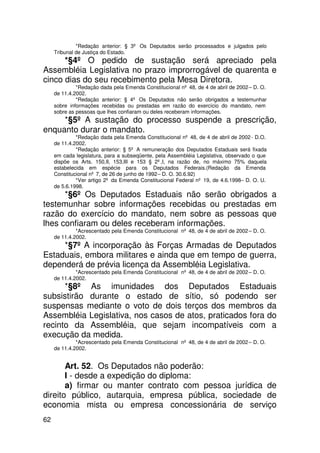 *Redação anterior: § 3º Os Deputados serão processados e julgados pelo
     Tribunal de Justiça do Estado.
      *§4º O pedido de sustação será apreciado pela
Assembléia Legislativa no prazo improrrogável de quarenta e
cinco dias do seu recebimento pela Mesa Diretora.
              *Redação dada pela Emenda Constitucional nº 48, de 4 de abril de 2002 – D. O.
     de 11.4.2002.
              *Redação anterior: § 4º Os Deputados não serão obrigados a testemunhar
     sobre informações recebidas ou prestadas em razão do exercício do mandato, nem
     sobre as pessoas que lhes confiaram ou deles receberam informações.
     *§5º A sustação do processo suspende a prescrição,
enquanto durar o mandato.
              *Redação dada pela Emenda Constitucional nº 48, de 4 de abril de 2002 - D.O.
     de 11.4.2002.
              *Redação anterior: § 5º A remuneração dos Deputados Estaduais será fixada
     em cada legislatura, para a subseqüente, pela Assembléia Legislativa, observado o que
     dispõe os Arts. 150,II, 153,III e 153 § 2º,I, na razão de, no máximo 75% daquela
     estabelecida em espécie para os Deputados Federais.(Redação da Emenda
     Constitucional nº 7, de 26 de junho de 1992 – D. O. 30.6.92)
              *Ver artigo 2º da Emenda Constitucional Federal nº 19, de 4.6.1998– D. O. U.
     de 5.6.1998.
      *§6º Os Deputados Estaduais não serão obrigados a
testemunhar sobre informações recebidas ou prestadas em
razão do exercício do mandato, nem sobre as pessoas que
lhes confiaram ou deles receberam informações.
              *Acrescentado pela Emenda Constitucional nº 48, de 4 de abril de 2002 – D. O.
     de 11.4.2002.
     *§7º A incorporação às Forças Armadas de Deputados
Estaduais, embora militares e ainda que em tempo de guerra,
dependerá de prévia licença da Assembléia Legislativa.
              *Acrescentado pela Emenda Constitucional nº 48, de 4 de abril de 2002 – D. O.
     de 11.4.2002.
      *§8º As imunidades dos Deputados Estaduais
subsistirão durante o estado de sítio, só podendo ser
suspensas mediante o voto de dois terços dos membros da
Assembléia Legislativa, nos casos de atos, praticados fora do
recinto da Assembléia, que sejam incompatíveis com a
execução da medida.
              *Acrescentado pela Emenda Constitucional nº 48, de 4 de abril de 2002 – D. O.
     de 11.4.2002.


       Art. 52. Os Deputados não poderão:
       I - desde a expedição do diploma:
       a) firmar ou manter contrato com pessoa jurídica de
direito público, autarquia, empresa pública, sociedade de
economia mista ou empresa concessionária de serviço
62
 