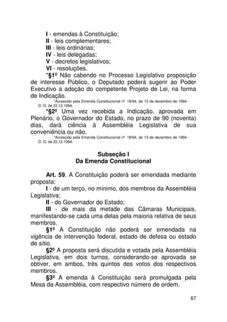 I - emendas à Constituição;
      II - leis complementares;
      III - leis ordinárias;
      IV - leis delegadas;
      V - decretos legislativos;
      VI - resoluções.
      *§1º Não cabendo no Processo Legislativo proposição
de interesse Público, o Deputado poderá sugerir ao Poder
Executivo a adoção do competente Projeto de Lei, na forma
de Indicação.
           *Acrescido pela Emenda Constitucional nº 18/94, de 13 de dezembro de 1994 -
  D. O. de 22.12.1994.
     *§2º Uma vez recebida a Indicação, aprovada em
Plenário, o Governador do Estado, no prazo de 90 (noventa)
dias, dará ciência à Assembléia Legislativa de sua
conveniência ou não.
           *Acrescido pela Emenda Constitucional nº 18/94, de 13 de dezembro de 1994 -
  D. O. de 22.12.1994.


                            Subseção I
                      Da Emenda Constitucional

       Art. 59. A Constituição poderá ser emendada mediante
proposta:
       I - de um terço, no mínimo, dos membros da Assembléia
Legislativa;
       II - do Governador do Estado;
       III - de mais da metade das Câmaras Municipais,
manifestando-se cada uma delas pela maioria relativa de seus
membros.
       §1º A Constituição não poderá ser emendada na
vigência de intervenção federal, estado de defesa ou estado
de sítio.
       §2º A proposta será discutida e votada pela Assembléia
Legislativa, em dois turnos, considerando-se aprovada se
obtiver, em ambos, três quintos dos votos dos respectivos
membros.
       §3º A emenda à Constituição será promulgada pela
Mesa da Assembléia, com respectivo número de ordem.

                                                                                         67
 