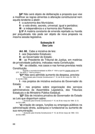 §4º Não será objeto de deliberação a proposta que vise
a modificar as regras atinentes à alteração constitucional nem
aquela tendente a abolir:
     I - a autonomia dos Municípios;
     II - o voto direto, secreto, universal, igual e periódico;
     III - a independência e a harmonia dos Poderes.
     § 5º A matéria constante de emenda rejeitada ou havida
por prejudicada não pode ser objeto de nova proposta na
mesma sessão legislativa.

                                       Subseção II
                                        Das Leis

      Art. 60. Cabe a iniciativa de leis:
      I - aos Deputados Estaduais;
      II - ao Governador do Estado;
      III - ao Presidente do Tribunal de Justiça, em matérias
de privatividade judiciária, indicadas nesta Constituição;
      *IV - ao cidadão, nos casos e nas formas previstas nesta
Constituição.
             *Argüida a inconstitucionalidade na ADIn nº 143-4 a qual foi julgada extinta pelo
     STF. Ver ADIn n° 143 no Anexo I.
                         -4
         *§1º Não será admitido aumento da despesa, prevista:
              *Renumerado pela Emenda Constitucional nº 10, de 29 de março de 1994 - D.
     O. de 30.3.1994.
      I - nos projetos de iniciativa exclusiva do Governador do
Estado;
      II - nos projetos sobre organização dos serviços
administrativos da Assembléia Legislativa, dos Tribunais
Estaduais e do Ministério Público Estadual.
      *§2º São de iniciativa privativa do Governador do Estado
as Leis que disponham sobre:
              * Acrescido pela Emenda Constitucional nº 10, de 29 de março de 1994 - D. O.
     de 30.3.1994.
      *a) criação de cargos, funções ou empregos públicos na
administração direta, autárquica e fundacional ou aumento de
sua remuneração;
              * Acrescido pela Emenda Constitucional nº 10, de 29 de março de 1994 - D.O.
     de 30.3.1994.




68
 