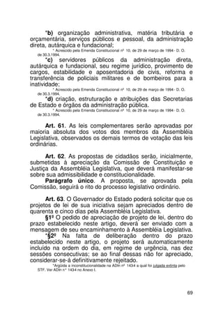 *b) organização administrativa, matéria tributária e
orçamentária, serviços públicos e pessoal, da administração
direta, autárquica e fundacional;
           * Acrescido pela Emenda Constitucional nº 10, de 29 de março de 1994 - D. O.
  de 30.3.1994.
       *c) servidores públicos da administração direta,
autárquica e fundacional, seu regime jurídico, provimento de
cargos, estabilidade e aposentadoria de civis, reforma e
transferência de policiais militares e de bombeiros para a
inatividade;
           * Acrescido pela Emenda Constitucional nº 10, de 29 de março de 1994 - D. O.
  de 30.3.1994.
     *d) criação, estruturação e atribuições das Secretarias
de Estado e órgãos da administração pública.
           * Acrescido pela Emenda Constitucional nº 10, de 29 de março de 1994 - D. O.
  de 30.3.1994.


      Art. 61. As leis complementares serão aprovadas por
maioria absoluta dos votos dos membros da Assembléia
Legislativa, observados os demais termos de votação das leis
ordinárias.

      Art. 62. As propostas de cidadãos serão, inicialmente,
submetidas à apreciação da Comissão de Constituição e
Justiça da Assembléia Legislativa, que deverá manifestar-se
sobre sua admissibilidade e constitucionalidade.
      Parágrafo único. A proposta, se aprovada pela
Comissão, seguirá o rito do processo legislativo ordinário.

      Art. 63. O Governador do Estado poderá solicitar que os
projetos de lei de sua iniciativa sejam apreciados dentro de
quarenta e cinco dias pela Assembléia Legislativa.
      §1º O pedido de apreciação de projeto de lei, dentro do
prazo estabelecido neste artigo, deverá ser enviado com a
mensagem de seu encaminhamento à Assembléia Legislativa.
      *§2º Na falta de deliberação dentro do prazo
estabelecido neste artigo, o projeto será automaticamente
incluído na ordem do dia, em regime de urgência, nas dez
sessões consecutivas; se ao final dessas não for apreciado,
considerar-se-á definitivamente rejeitado.
          *Argüida a inconstitucionalidade na ADIn nº 143-4 a qual foi julgada extinta pelo
  STF. Ver ADIn n° 143 no Anexo I.
                      -4




                                                                                              69
 