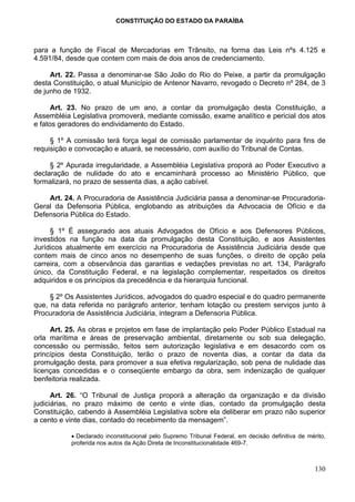 CONSTITUIÇÃO DO ESTADO DA PARAÍBA



para a função de Fiscal de Mercadorias em Trânsito, na forma das Leis nºs 4.125 e
4.591/84, desde que contem com mais de dois anos de credenciamento.

     Art. 22. Passa a denominar-se São João do Rio do Peixe, a partir da promulgação
desta Constituição, o atual Município de Antenor Navarro, revogado o Decreto nº 284, de 3
de junho de 1932.

      Art. 23. No prazo de um ano, a contar da promulgação desta Constituição, a
Assembléia Legislativa promoverá, mediante comissão, exame analítico e pericial dos atos
e fatos geradores do endividamento do Estado.

     § 1º A comissão terá força legal de comissão parlamentar de inquérito para fins de
requisição e convocação e atuará, se necessário, com auxílio do Tribunal de Contas.

     § 2º Apurada irregularidade, a Assembléia Legislativa proporá ao Poder Executivo a
declaração de nulidade do ato e encaminhará processo ao Ministério Público, que
formalizará, no prazo de sessenta dias, a ação cabível.

    Art. 24. A Procuradoria de Assistência Judiciária passa a denominar-se Procuradoria-
Geral da Defensoria Pública, englobando as atribuições da Advocacia de Ofício e da
Defensoria Pública do Estado.

     § 1º É assegurado aos atuais Advogados de Ofício e aos Defensores Públicos,
investidos na função na data da promulgação desta Constituição, e aos Assistentes
Jurídicos atualmente em exercício na Procuradoria de Assistência Judiciária desde que
contem mais de cinco anos no desempenho de suas funções, o direito de opção pela
carreira, com a observância das garantias e vedações previstas no art. 134, Parágrafo
único, da Constituição Federal, e na legislação complementar, respeitados os direitos
adquiridos e os princípios da precedência e da hierarquia funcional.

     § 2º Os Assistentes Jurídicos, advogados do quadro especial e do quadro permanente
que, na data referida no parágrafo anterior, tenham lotação ou prestem serviços junto à
Procuradoria de Assistência Judiciária, integram a Defensoria Pública.

     Art. 25. As obras e projetos em fase de implantação pelo Poder Público Estadual na
orla marítima e áreas de preservação ambiental, diretamente ou sob sua delegação,
concessão ou permissão, feitos sem autorização legislativa e em desacordo com os
princípios desta Constituição, terão o prazo de noventa dias, a contar da data da
promulgação desta, para promover a sua efetiva regularização, sob pena de nulidade das
licenças concedidas e o conseqüente embargo da obra, sem indenização de qualquer
benfeitoria realizada.

      Art. 26. “O Tribunal de Justiça proporá a alteração da organização e da divisão
judiciárias, no prazo máximo de cento e vinte dias, contado da promulgação desta
Constituição, cabendo à Assembléia Legislativa sobre ela deliberar em prazo não superior
a cento e vinte dias, contado do recebimento da mensagem”.

           • Declarado inconstitucional pelo Supremo Tribunal Federal, em decisão definitiva de mérito,
           proferida nos autos da Ação Direta de Inconstitucionalidade 469-7.



                                                                                                   130
 