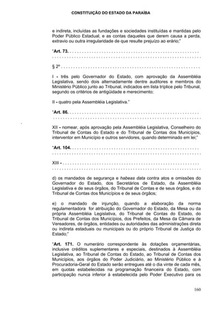 CONSTITUIÇÃO DO ESTADO DA PARAÍBA



    e indireta, incluídas as fundações e sociedades instituídas e mantidas pelo
    Poder Público Estadual, e as contas daqueles que derem causa a perda,
    extravio ou outra irregularidade de que resulte prejuízo ao erário;”

    “Art. 73. . . . . . . . . . . . . . . . . . . . . . . . . . . . . . . . . . . . . . . . . . . . . . . . . . . . . .
    .............................................................

    § 2º . . . . . . . . . . . . . . . . . . . . . . . . . . . . . . . . . . . . . . . . . . . . . . . . . . . . . . . . .

    I - três pelo Governador do Estado, com aprovação da Assembléia
    Legislativa, sendo dois alternadamente dentre auditores e membros do
    Ministério Público junto ao Tribunal, indicados em lista tríplice pelo Tribunal,
    segundo os critérios de antigüidade e merecimento;

    II - quatro pela Assembléia Legislativa.”

    “Art. 86. . . . . . . . . . . . . . . . . . . . . . . . . . . . . . . . . . . . . . . . . . . . . . . . . . . . . .
     ............................................................
.
    XII - nomear, após aprovação pela Assembléia Legislativa, Conselheiro do
    Tribunal de Contas do Estado e do Tribunal de Contas dos Municípios,
    interventor em Município e outros servidores, quando determinado em lei;”

    “Art. 104. . . . . . . . . . . . . . . . . . . . . . . . . . . . . . . . . . . . . . . . . . . . . . . . . . . . .
    .............................................................

    XIII - . . . . . . . . . . . . . . . . . . . . . . . . . . . . . . . . . . . . . . . . . . . . . . . . . . . . . . . .
    .............................................................

    d) os mandados de segurança e habeas data contra atos e omissões do
    Governador do Estado, dos Secretários de Estado, da Assembléia
    Legislativa e de seus órgãos, do Tribunal de Contas e de seus órgãos, e do
    Tribunal de Contas dos Municípios e de seus órgãos;

    e) o mandado de injunção, quando a elaboração da norma
    regulamentadora for atribuição do Governador do Estado, da Mesa ou da
    própria Assembléia Legislativa, do Tribunal de Contas do Estado, do
    Tribunal de Contas dos Municípios, dos Prefeitos, da Mesa da Câmara de
    Vereadores, de órgãos, entidades ou autoridades das administrações direta
    ou indireta estaduais ou municipais ou do próprio Tribunal de Justiça do
    Estado;”

    “Art. 171. O numerário correspondente às dotações orçamentárias,
    inclusive créditos suplementares e especiais, destinados à Assembléia
    Legislativa, ao Tribunal de Contas do Estado, ao Tribunal de Contas dos
    Municípios, aos órgãos do Poder Judiciário, ao Ministério Público e à
    Procuradoria-Geral do Estado serão entregues até o dia vinte de cada mês,
    em quotas estabelecidas na programação financeira do Estado, com
    participação nunca inferior à estabelecida pelo Poder Executivo para os


                                                                                                                     160
 