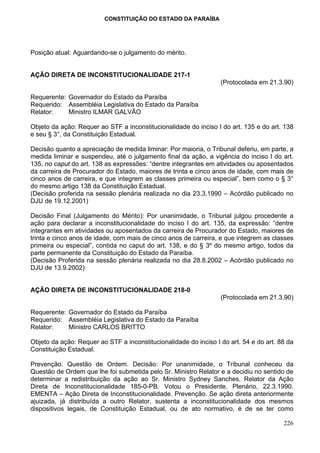 CONSTITUIÇÃO DO ESTADO DA PARAÍBA




Posição atual: Aguardando-se o julgamento do mérito.


AÇÃO DIRETA DE INCONSTITUCIONALIDADE 217-1
                                                                  (Protocolada em 21.3.90)

Requerente: Governador do Estado da Paraíba
Requerido: Assembléia Legislativa do Estado da Paraíba
Relator:    Ministro ILMAR GALVÃO

Objeto da ação: Requer ao STF a inconstitucionalidade do inciso I do art. 135 e do art. 138
e seu § 3°, da Constituição Estadual.

Decisão quanto a apreciação de medida liminar: Por maioria, o Tribunal deferiu, em parte, a
medida liminar e suspendeu, até o julgamento final da ação, a vigência do inciso I do art.
135, no caput do art. 138 as expressões: “dentre integrantes em atividades ou aposentados
da carreira de Procurador do Estado, maiores de trinta e cinco anos de idade, com mais de
cinco anos de carreira, e que integrem as classes primeira ou especial”, bem como o § 3°
do mesmo artigo 138 da Constituição Estadual.
(Decisão proferida na sessão plenária realizada no dia 23.3.1990 – Acórdão publicado no
DJU de 19.12.2001)

Decisão Final (Julgamento do Mérito): Por unanimidade, o Tribunal julgou procedente a
ação para declarar a inconstitucionalidade do inciso I do art. 135, da expressão: “dentre
integrantes em atividades ou aposentados da carreira de Procurador do Estado, maiores de
trinta e cinco anos de idade, com mais de cinco anos de carreira, e que integrem as classes
primeira ou especial”, contida no caput do art. 138, e do § 3º do mesmo artigo, todos da
parte permanente da Constituição do Estado da Paraíba.
(Decisão Proferida na sessão plenária realizada no dia 28.8.2002 – Acórdão publicado no
DJU de 13.9.2002)


AÇÃO DIRETA DE INCONSTITUCIONALIDADE 218-0
                                                                  (Protocolada em 21.3.90)

Requerente: Governador do Estado da Paraíba
Requerido: Assembléia Legislativa do Estado da Paraíba
Relator:    Ministro CARLOS BRITTO

Objeto da ação: Requer ao STF a inconstitucionalidade do inciso I do art. 54 e do art. 88 da
Constituição Estadual.

Prevenção. Questão de Ordem. Decisão: Por unanimidade, o Tribunal conheceu da
Questão de Ordem que lhe foi submetida pelo Sr. Ministro Relator e a decidiu no sentido de
determinar a redistribuição da ação ao Sr. Ministro Sydney Sanches, Relator da Ação
Direta de Inconstitucionalidade 185-0-PB. Votou o Presidente. Plenário, 22.3.1990.
EMENTA – Ação Direta de Inconstitucionalidade. Prevenção. Se ação direta anteriormente
ajuizada, já distribuída a outro Relator, sustenta a inconstitucionalidade dos mesmos
dispositivos legais, de Constituição Estadual, ou de ato normativo, é de se ter como

                                                                                        226
 
