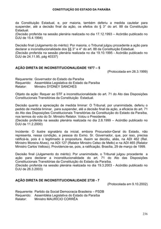 CONSTITUIÇÃO DO ESTADO DA PARAÍBA



da Constituição Estadual, e, por maioria, também deferiu a medida cautelar para
suspender, até a decisão final da ação, os efeitos do § 3° do art. 88 da Constituição
Estadual.
(Decisão proferida na sessão plenária realizada no dia 17.12.1993 – Acórdão publicado no
DJU de 15.4.1994)

Decisão final (Julgamento do mérito): Por maioria, o Tribunal julgou procedente a ação para
declarar a inconstitucionalidade dos §§ 3° e 4° do art. 88 da Constituição Estadual.
(Decisão proferida na sessão plenária realizada no dia 19.10.1995 - Acórdão publicado no
DJU de 24.11.95, pág 40337)


AÇÃO DIRETA DE INCONSTITUCIONALIDADE 1977 – 5
                                                                (Protocolada em 26.3.1999)

Requerente: Governador do Estado da Paraíba
Requerido: Assembléia Legislativa do Estado da Paraíba
Relator:    Ministro SYDNEY SANCHES

Objeto da ação: Requer ao STF a inconstitucionalidade do art. 71 do Ato das Disposições
Constitucionais Transitórias da Constituição Estadual.

Decisão quanto a apreciação de medida liminar: O Tribunal, por unanimidade, deferiu o
pedido de medida liminar, para suspender, até a decisão final da ação, a eficácia do art. 71
do Ato das Disposições Constitucionais Transitórias da Constituição do Estado da Paraíba,
nos termos do voto do Sr. Ministro Relator. Votou o Presidente.
(Decisão proferida na sessão plenária realizada no dia 2.8.1999 – Acórdão publicado no
DJU de 11.2.2000)

Incidente: O ilustre signatário da inicial, embora Procurador-Geral do Estado, não
representa, nessa condição, a pessoa do Exmo. Sr. Governador, que, por isso, precisa
ratificá-la, pois é o legitimado à propositura. Assim se decidiu, aliás, na ADI 462 (Rel.
Ministro Moreira Alves), na ADI 127 (Relator Ministro Celso de Mello) e na ADI 465 (Relator
Ministro Carlos Velloso). Providencie-se, pois, a ratificação. Brasília, 29 de março de 1999.

Decisão final (Julgamento do mérito): Por unanimidade, o Tribunal julgou procedente a
ação para declarar a inconstitucionalidade do art. 71 do Ato das Disposições
Constitucionais Transitórias da Constituição do Estado da Paraíba.
(Decisão proferida na sessão plenária realizada no dia 19.3.2003 - Acórdão publicado no
DJU de 26.3.2003)


AÇÃO DIRETA DE INCONSTITUCIONALIDADE 2738 - 7
                                                                (Protocolada em 9.10.2002)

Requerente: Partido da Social Democracia Brasileira – PSDB
Requerido: Assembléia Legislativa do Estado da Paraíba
Relator:    Ministro MAURÍCIO CORRÊA



                                                                                         236
 