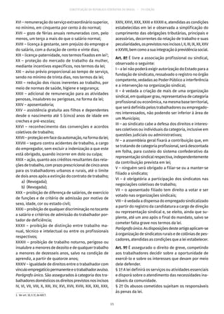 CONSTITUIÇÃO DA REPÚBLICA FEDERATIVA DO BRASIL – 51ª EDIÇÃO
XVI – remuneração do serviço extraordinário superior,
no mínimo, em cinquenta por cento à do normal;
XVII – gozo de férias anuais remuneradas com, pelo
menos, um terço a mais do que o salário normal;
XVIII – licença à gestante, sem prejuízo do emprego e
do salário, com a duração de cento e vinte dias;
XIX – licença-paternidade, nos termos fixados em lei3
;
XX – proteção do mercado de trabalho da mulher,
mediante incentivos específicos, nos termos da lei;
XXI – aviso prévio proporcional ao tempo de serviço,
sendo no mínimo de trinta dias, nos termos da lei;
XXII – redução dos riscos inerentes ao trabalho, por
meio de normas de saúde, higiene e segurança;
XXIII – adicional de remuneração para as atividades
penosas, insalubres ou perigosas, na forma da lei;
XXIV – aposentadoria;
XXV – assistência gratuita aos filhos e dependentes
desde o nascimento até 5 (cinco) anos de idade em
creches e pré-escolas;
XXVI – reconhecimento das convenções e acordos
coletivos de trabalho;
XXVII – proteção em face da automação, na forma da lei;
XXVIII – seguro contra acidentes de trabalho, a cargo
do empregador, sem excluir a indenização a que este
está obrigado, quando incorrer em dolo ou culpa;
XXIX – ação, quanto aos créditos resultantes das rela-
çõesdetrabalho,comprazoprescricionaldecincoanos
para os trabalhadores urbanos e rurais, até o limite
de dois anos após a extinção do contrato de trabalho;
	 a)	(Revogada);
	 b)	(Revogada);
XXX – proibição de diferença de salários, de exercício
de funções e de critério de admissão por motivo de
sexo, idade, cor ou estado civil;
XXXI – proibição de qualquer discriminação no tocante
a salário e critérios de admissão do trabalhador por-
tador de deficiência;
XXXII – proibição de distinção entre trabalho ma-
nual, técnico e intelectual ou entre os profissionais
respectivos;
XXXIII – proibição de trabalho noturno, perigoso ou
insalubre a menores de dezoito e de qualquer trabalho
a menores de dezesseis anos, salvo na condição de
aprendiz, a partir de quatorze anos;
XXXIV – igualdade de direitos entre o trabalhador com
vínculoempregatíciopermanenteeotrabalhadoravulso.
Parágrafo único. São assegurados à categoria dos tra-
balhadoresdomésticososdireitosprevistosnosincisos
IV, VI, VII, VIII, X, XIII, XV, XVI, XVII, XVIII, XIX, XXI, XXII,
3.  Ver art. 10, § 1º, do ADCT.
XXIV, XXVI, XXX, XXXI e XXXIII e, atendidas as condições
estabelecidas em lei e observada a simplificação do
cumprimento das obrigações tributárias, principais e
acessórias, decorrentes da relação de trabalho e suas
peculiaridades,osprevistosnosincisosI,II,III,IX,XII,XXV
eXXVIII,bemcomoasuaintegraçãoàprevidênciasocial.
Art. 8º É livre a associação profissional ou sindical,
observado o seguinte:
I – a lei não poderá exigir autorização do Estado para a
fundação de sindicato, ressalvado o registro no órgão
competente, vedadas ao Poder Público a interferência
e a intervenção na organização sindical;
II – é vedada a criação de mais de uma organização
sindical, em qualquer grau, representativa de categoria
profissional ou econômica, na mesma base territorial,
que será definida pelos trabalhadores ou empregado-
res interessados, não podendo ser inferior à área de
um Município;
III – ao sindicato cabe a defesa dos direitos e interes-
ses coletivos ou individuais da categoria, inclusive em
questões judiciais ou administrativas;
IV – a assembleia geral fixará a contribuição que, em
se tratando de categoria profissional, será descontada
em folha, para custeio do sistema confederativo da
representaçãosindicalrespectiva,independentemente
da contribuição prevista em lei;
V – ninguém será obrigado a filiar-se ou a manter-se
filiado a sindicato;
VI – é obrigatória a participação dos sindicatos nas
negociações coletivas de trabalho;
VII – o aposentado filiado tem direito a votar e ser
votado nas organizações sindicais;
VIII – é vedada a dispensa do empregado sindicalizado
a partir do registro da candidatura a cargo de direção
ou representação sindical e, se eleito, ainda que su-
plente, até um ano após o final do mandato, salvo se
cometer falta grave nos termos da lei.
Parágrafoúnico.Asdisposiçõesdesteartigoaplicam-se
à organização de sindicatos rurais e de colônias de pes-
cadores, atendidas as condições que a lei estabelecer.
Art. 9º É assegurado o direito de greve, competindo
aos trabalhadores decidir sobre a oportunidade de
exercê-lo e sobre os interesses que devam por meio
dele defender.
§ 1º A lei definirá os serviços ou atividades essenciais
e disporá sobre o atendimento das necessidades ina-
diáveis da comunidade.
§ 2º Os abusos cometidos sujeitam os responsáveis
às penas da lei.
15
 