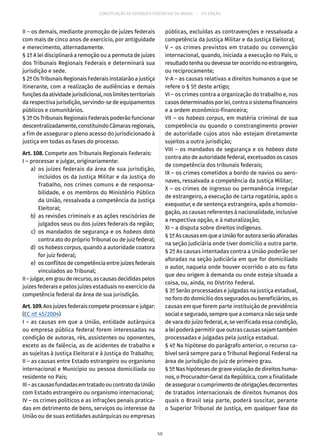 CONSTITUIÇÃO DA REPÚBLICA FEDERATIVA DO BRASIL – 51ª EDIÇÃO
II – os demais, mediante promoção de juízes federais
com mais de cinco anos de exercício, por antiguidade
e merecimento, alternadamente.
§ 1º A lei disciplinará a remoção ou a permuta de juízes
dos Tribunais Regionais Federais e determinará sua
jurisdição e sede.
§ 2º Os Tribunais Regionais Federais instalarão a justiça
itinerante, com a realização de audiências e demais
funçõesdaatividadejurisdicional,noslimitesterritoriais
da respectiva jurisdição, servindo-se de equipamentos
públicos e comunitários.
§ 3º Os Tribunais Regionais Federais poderão funcionar
descentralizadamente,constituindoCâmarasregionais,
a fim de assegurar o pleno acesso do jurisdicionado à
justiça em todas as fases do processo.
Art. 108. Compete aos Tribunais Regionais Federais:
I – processar e julgar, originariamente:
	 a)	os juízes federais da área de sua jurisdição,
incluídos os da Justiça Militar e da Justiça do
Trabalho, nos crimes comuns e de responsa-
bilidade, e os membros do Ministério Público
da União, ressalvada a competência da Justiça
Eleitoral;
	 b)	 as revisões criminais e as ações rescisórias de
julgados seus ou dos juízes federais da região;
	 c)	os mandados de segurança e os habeas data
contra ato do próprio Tribunal ou de juiz federal;
	 d)	os habeas corpus, quando a autoridade coatora
for juiz federal;
	 e)	 os conflitos de competência entre juízes federais
vinculados ao Tribunal;
II–julgar,emgrauderecurso,ascausasdecididaspelos
juízes federais e pelos juízes estaduais no exercício da
competência federal da área de sua jurisdição.
Art.109.Aos juízes federais compete processar e julgar:
(EC nº 45/2004)
I – as causas em que a União, entidade autárquica
ou empresa pública federal forem interessadas na
condição de autoras, rés, assistentes ou oponentes,
exceto as de falência, as de acidentes de trabalho e
as sujeitas à Justiça Eleitoral e à Justiça do Trabalho;
II – as causas entre Estado estrangeiro ou organismo
internacional e Município ou pessoa domiciliada ou
residente no País;
III–ascausasfundadasemtratadooucontratodaUnião
com Estado estrangeiro ou organismo internacional;
IV – os crimes políticos e as infrações penais pratica-
das em detrimento de bens, serviços ou interesse da
União ou de suas entidades autárquicas ou empresas
públicas, excluídas as contravenções e ressalvada a
competência da Justiça Militar e da Justiça Eleitoral;
V – os crimes previstos em tratado ou convenção
internacional, quando, iniciada a execução no País, o
resultadotenhaoudevesseterocorridonoestrangeiro,
ou reciprocamente;
V-A – as causas relativas a direitos humanos a que se
refere o § 5º deste artigo;
VI – os crimes contra a organização do trabalho e, nos
casos determinados por lei, contra o sistema financeiro
e a ordem econômico-financeira;
VII – os habeas corpus, em matéria criminal de sua
competência ou quando o constrangimento provier
de autoridade cujos atos não estejam diretamente
sujeitos a outra jurisdição;
VIII – os mandados de segurança e os habeas data
contra ato de autoridade federal, excetuados os casos
de competência dos tribunais federais;
IX – os crimes cometidos a bordo de navios ou aero-
naves, ressalvada a competência da Justiça Militar;
X – os crimes de ingresso ou permanência irregular
de estrangeiro, a execução de carta rogatória, após o
exequatur, e de sentença estrangeira, após a homolo-
gação, as causas referentes à nacionalidade, inclusive
a respectiva opção, e à naturalização;
XI – a disputa sobre direitos indígenas.
§ 1ºAscausasemqueaUniãoforautoraserãoaforadas
na seção judiciária onde tiver domicílio a outra parte.
§ 2º As causas intentadas contra a União poderão ser
aforadas na seção judiciária em que for domiciliado
o autor, naquela onde houver ocorrido o ato ou fato
que deu origem à demanda ou onde esteja situada a
coisa, ou, ainda, no Distrito Federal.
§ 3º Serão processadas e julgadas na justiça estadual,
no foro do domicílio dos segurados ou beneficiários, as
causas em que forem parte instituição de previdência
social e segurado, sempre que a comarca não seja sede
de vara do juízo federal, e, se verificada essa condição,
a lei poderá permitir que outras causas sejam também
processadas e julgadas pela justiça estadual.
§ 4º Na hipótese do parágrafo anterior, o recurso ca-
bível será sempre para o Tribunal Regional Federal na
área de jurisdição do juiz de primeiro grau.
§ 5º Nas hipóteses de grave violação de direitos huma-
nos, o Procurador-Geral da República, com a finalidade
deassegurarocumprimentodeobrigaçõesdecorrentes
de tratados internacionais de direitos humanos dos
quais o Brasil seja parte, poderá suscitar, perante
o Superior Tribunal de Justiça, em qualquer fase do
50
 