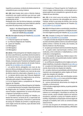 CONSTITUIÇÃO DA REPÚBLICA FEDERATIVA DO BRASIL – 51ª EDIÇÃO
inquérito ou processo, incidente de deslocamento de
competência para a Justiça Federal.
Art. 110. Cada Estado, bem como o Distrito Federal,
constituirá uma seção judiciária que terá por sede
a respectiva Capital, e varas localizadas segundo o
estabelecido em lei.
Parágrafo único. Nos Territórios Federais, a jurisdição
e as atribuições cometidas aos juízes federais caberão
aos juízes da justiça local, na forma da lei.
Seção V – Do Tribunal Superior do Trabalho,
dos Tribunais Regionais do Trabalho e dos
Juízes do Trabalho (EC nº 92/2016)
Art.111.SãoórgãosdaJustiçadoTrabalho:(ECnº 24/1999
e EC nº 45/2004)
I – o Tribunal Superior do Trabalho;
II – os Tribunais Regionais do Trabalho;
III – juízes do Trabalho.
§ 1º (Revogado.)
§ 2º (Revogado.)
§ 3º (Revogado.)
Art.111-A.OTribunalSuperiordoTrabalhocompor-se-á
de vinte e sete Ministros, escolhidos dentre brasileiros
com mais de trinta e cinco anos e menos de sessenta
e cinco anos, de notável saber jurídico e reputação
ilibada, nomeados pelo Presidente da República após
aprovação pela maioria absoluta do Senado Federal,
sendo: (EC nº 45/2004 e EC nº 92/2016)
I – um quinto dentre advogados com mais de dez
anos de efetiva atividade profissional e membros do
Ministério Público do Trabalho com mais de dez anos
de efetivo exercício, observado o disposto no art. 94;
II – os demais dentre juízes dos Tribunais Regionais
do Trabalho, oriundos da magistratura da carreira,
indicados pelo próprio Tribunal Superior.
§ 1º A lei disporá sobre a competência do Tribunal
Superior do Trabalho.
§ 2ºFuncionarãojuntoaoTribunalSuperiordoTrabalho:
I – a Escola Nacional de Formação e Aperfeiçoamento
de Magistrados do Trabalho, cabendo-lhe, dentre
outras funções, regulamentar os cursos oficiais para
o ingresso e promoção na carreira;
II – o Conselho Superior da Justiça do Trabalho, ca-
bendo-lhe exercer, na forma da lei, a supervisão ad-
ministrativa, orçamentária, financeira e patrimonial
da Justiça do Trabalho de primeiro e segundo graus,
como órgão central do sistema, cujas decisões terão
efeito vinculante.
§ 3º Compete ao Tribunal Superior do Trabalho pro-
cessar e julgar, originariamente, a reclamação para a
preservação de sua competência e garantia da auto-
ridade de suas decisões.
Art. 112. A lei criará varas da Justiça do Trabalho,
podendo, nas comarcas não abrangidas por sua ju-
risdição, atribuí-la aos juízes de direito, com recurso
para o respectivo Tribunal Regional do Trabalho. (EC
nº 24/1999 e EC nº 45/2004)
Art. 113. A lei disporá sobre a constituição, investidura,
jurisdição, competência, garantias e condições de exer-
cício dos órgãos da Justiça do Trabalho. (EC nº 24/1999)
Art. 114. Compete à Justiça do Trabalho processar e
julgar: (EC nº 20/1998 e EC nº 45/2004)
I–asaçõesoriundasdarelaçãodetrabalho,abrangidos
os entes de direito público externo e da administração
pública direta e indireta da União, dos Estados, do
Distrito Federal e dos Municípios;
II – as ações que envolvam exercício do direito de greve;
III – as ações sobre representação sindical, entre
sindicatos, entre sindicatos e trabalhadores, e entre
sindicatos e empregadores;
IV – os mandados de segurança, habeas corpus e ha-
beas data, quando o ato questionado envolver matéria
sujeita à sua jurisdição;
V – os conflitos de competência entre órgãos com juris-
dição trabalhista, ressalvado o disposto no art. 102, I, o;
VI – as ações de indenização por dano moral ou patri-
monial, decorrentes da relação de trabalho;
VII – as ações relativas às penalidades administrativas
impostas aos empregadores pelos órgãos de fiscali-
zação das relações de trabalho;
VIII – a execução, de ofício, das contribuições sociais
previstas no art. 195, I, a, e II, e seus acréscimos legais,
decorrentes das sentenças que proferir;
IX – outras controvérsias decorrentes da relação de
trabalho, na forma da lei.
§ 1º Frustrada a negociação coletiva, as partes poderão
eleger árbitros.
§ 2º Recusando-se qualquer das partes à negociação
coletiva ou à arbitragem, é facultado às mesmas, de
comum acordo, ajuizar dissídio coletivo de natureza
econômica, podendo a Justiça do Trabalho decidir o
conflito, respeitadas as disposições mínimas legais de
proteção ao trabalho, bem como as convencionadas
anteriormente.
§ 3º Em caso de greve em atividade essencial, com
possibilidadedelesãodointeressepúblico,oMinistério
51
 
