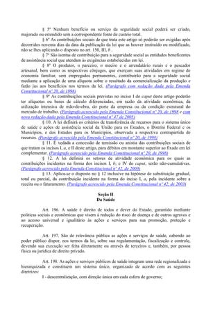 § 5º Nenhum benefício ou serviço da seguridade social poderá ser criado,
majorado ou estendido sem a correspondente fonte de custeio total.
§ 6º As contribuições sociais de que trata este artigo só poderão ser exigidas após
decorridos noventa dias da data da publicação da lei que as houver instituído ou modificado,
não se lhes aplicando o disposto no art. 150, III, b .
§ 7º São isentas de contribuição para a seguridade social as entidades beneficentes
de assistência social que atendam às exigências estabelecidas em lei.
§ 8º O produtor, o parceiro, o meeiro e o arrendatário rurais e o pescador
artesanal, bem como os respectivos cônjuges, que exerçam suas atividades em regime de
economia familiar, sem empregados permanentes, contribuirão para a seguridade social
mediante a aplicação de uma alíquota sobre o resultado da comercialização da produção e
farão jus aos benefícios nos termos da lei. (Parágrafo com redação dada pela Emenda
Constitucional nº 20, de 1998)
§ 9º As contribuições sociais previstas no inciso I do caput deste artigo poderão
ter alíquotas ou bases de cálculo diferenciadas, em razão da atividade econômica, da
utilização intensiva de mão-de-obra, do porte da empresa ou da condição estrutural do
mercado de trabalho. (Parágrafo acrescido pela Emenda Constitucional nº 20, de 1998 e com
nova redação dada pela Emenda Constitucional nº 47 de 2005)
§ 10. A lei definirá os critérios de transferência de recursos para o sistema único
de saúde e ações de assistência social da União para os Estados, o Distrito Federal e os
Municípios, e dos Estados para os Municípios, observada a respectiva contrapartida de
recursos. (Parágrafo acrescido pela Emenda Constitucional nº 20, de 1998)
§ 11. É vedada a concessão de remissão ou anistia das contribuições sociais de
que tratam os incisos I, a, e II deste artigo, para débitos em montante superior ao fixado em lei
complementar. (Parágrafo acrescido pela Emenda Constitucional nº 20, de 1998)
§ 12. A lei definirá os setores de atividade econômica para os quais as
contribuições incidentes na forma dos incisos I, b; e IV do caput, serão não-cumulativas.
(Parágrafo acrescido pela Emenda Constitucional nº 42, de 2003)
§ 13. Aplica-se o disposto no § 12 inclusive na hipótese de substituição gradual,
total ou parcial, da contribuição incidente na forma do inciso I, a, pela incidente sobre a
receita ou o faturamento. (Parágrafo acrescido pela Emenda Constitucional nº 42, de 2003)
Seção II
Da Saúde
Art. 196. A saúde é direito de todos e dever do Estado, garantido mediante
políticas sociais e econômicas que visem à redução do risco de doença e de outros agravos e
ao acesso universal e igualitário às ações e serviços para sua promoção, proteção e
recuperação.
Art. 197. São de relevância pública as ações e serviços de saúde, cabendo ao
poder público dispor, nos termos da lei, sobre sua regulamentação, fiscalização e controle,
devendo sua execução ser feita diretamente ou através de terceiros e, também, por pessoa
física ou jurídica de direito privado.
Art. 198. As ações e serviços públicos de saúde integram uma rede regionalizada e
hierarquizada e constituem um sistema único, organizado de acordo com as seguintes
diretrizes:
I - descentralização, com direção única em cada esfera de governo;
 