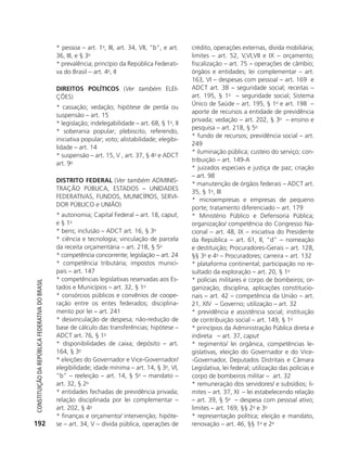 * pessoa – art. 1o, III, art. 34, VII, “b”, e art.   crédito, operações externas, dívida mobiliária;
                                                            36, III, e § 3o                                      limites – art. 52, V,VI,VII e IX – orçamento;
                                                            * prevalência; princípio da República Federati-      fiscalização – art. 75 – operações de câmbio;
                                                            va do Brasil – art. 4o, II                           órgãos e entidades; lei complementar – art.
                                                                                                                 163, VI – despesas com pessoal – art. 169 e
                                                            DIREITOS POLÍTICOS (Ver também ELEI-                 ADCT art. 38 – seguridade social; receitas –
                                                            ÇõES)                                                art. 195, § 1o – seguridade social; Sistema
                                                                                                                 Único de Saúde – art. 195, § 1o e art. 198 –
                                                            * cassação; vedação; hipótese de perda ou
                                                                                                                 aporte de recursos a entidade de previdência
                                                            suspensão – art. 15
                                                                                                                 privada; vedação – art. 202, § 3o – ensino e
                                                            * legislação; indelegabilidade – art. 68, § 1o, II
                                                                                                                 pesquisa – art. 218, § 5o
                                                            * soberania popular; plebiscito, referendo,
                                                                                                                 * fundo de recursos; previdência social – art.
                                                            iniciativa popular; voto; alistabilidade; elegibi-
                                                                                                                 249
                                                            lidade – art. 14
                                                                                                                 * iluminação pública; custeio do serviço; con-
                                                            * suspensão – art. 15, V , art. 37, § 4o e ADCT
                                                                                                                 tribuição – art. 149-A
                                                            art. 9o
                                                                                                                 * juizados especiais e justiça de paz; criação
                                                                                                                 – art. 98
                                                            DISTRITO FEDERAL (Ver também ADMINIS-
                                                                                                                 * manutenção de órgãos federais – ADCT art.
                                                            TRAÇÃO PÚBLICA, ESTADOS – UNIDADES
                                                                                                                 35, § 1o, III
                                                            FEDERATIVAS, FUNDOS, MUNICÍPIOS, SERVI-
                                                                                                                 * microempresas e empresas de pequeno
                                                            DOR PÚBLICO e UNIÃO)
                                                                                                                 porte; tratamento diferenciado – art. 179
                                                            * autonomia; Capital Federal – art. 18, caput,       * Ministério Público e Defensoria Pública;
                                                            e § 1o                                               organização/ competência do Congresso Na-
                                                            * bens; inclusão – ADCT art. 16, § 3o                cional – art. 48, IX – iniciativa do Presidente
                                                            * ciência e tecnologia; vinculação de parcela        da República – art. 61, II, “d” – nomeação
                                                            da receita orçamentária – art. 218, § 5o             e destituição; Procuradores-Gerais – art. 128,
                                                            * competência concorrente; legislação – art. 24      §§ 3o e 4o – Procuradores; carreira – art. 132
                                                            * competência tributária; impostos munici-           * plataforma continental; participação no re-
                                                            pais – art. 147                                      sultado da exploração – art. 20, § 1o
                                                            * competências legislativas reservadas aos Es-       * polícias militares e corpo de bombeiros; or-
           Constituição da RepúbliCa FedeRativa do bRasil




                                                            tados e Municípios – art. 32, § 1o                   ganização, disciplina, aplicações constitucio-
                                                            * consórcios públicos e convênios de coope-          nais – art. 42 – competência da União – art.
                                                            ração entre os entes federados; disciplina-          21, XIV – Governo; utilização – art. 32
                                                            mento por lei – art. 241                             * previdência e assistência social; instituição
                                                            * desvinculação de despesa; não-redução de           de contribuição social – art. 149, § 1o
                                                            base de cálculo das transferências; hipótese –       * princípios da Administração Pública direta e
                                                            ADCT art. 76, § 1o                                   indireta – art. 37, caput
                                                            * disponibilidades de caixa; depósito – art.         * regimento/ lei orgânica, competências le-
                                                            164, § 3o                                            gislativas, eleição do Governador e do Vice-
                                                            * eleições do Governador e Vice-Governador/          -Governador, Deputados Distritais e Câmara
                                                            elegibilidade; idade mínima – art. 14, § 3o, VI,     Legislativa, lei federal; utilização das polícias e
                                                            “b” – reeleição – art. 14, § 5o – mandato –          corpo de bombeiros militar – art. 32
                                                            art. 32, § 2o                                        * remuneração dos servidores/ e subsídios; li-
                                                            * entidades fechadas de previdência privada;         mites – art. 37, XI – lei estabelecendo relação
                                                            relação disciplinada por lei complementar –          – art. 39, § 5o – despesa com pessoal ativo;
                                                            art. 202, § 4o                                       limites – art. 169, §§ 2o e 3o
                                                            * finanças e orçamento/ intervenção; hipóte-         * representação política; eleição e mandato,
          192                                               se – art. 34, V – dívida pública, operações de       renovação – art. 46, §§ 1o e 2o




6003 - 37293001 miolo 1-236.indd 192                                                                                                                         26/10/2011 10:12:00
 