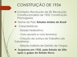 CONSTITUIÇÃO DE 1934
 Contexto: Revolução de 30; Revolução
Constitucionalista de 1932; Constituição
Promulgada.
 Nome do País: Estados Unidos do Brasil
 Características:
- Estado Federativo;
- Voto secreto e voto feminino;
- Criação da Justiça do Trabalho Leis
Trabalhistas;
- Eleição indireta de Getúlio de Vargas;
 Suspensa em 1935, pelo Estado de Sítio
após o golpe do Estado Novo.
 