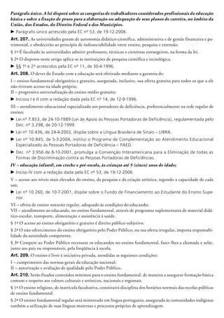 Parágrafo único. A lei disporá sobre as categorias de trabalhadores considerados profissionais da educação
básica e sobre a fixação de prazo para a elaboração ou adequação de seus planos de carreira, no âmbito da
União, dos Estados, do Distrito Federal e dos Municípios.
c	Parágrafo único acrescido pela EC nº 53, de 19-12-2006.
Art. 207. As universidades gozam de autonomia didático-científica, administrativa e de gestão financeira e pa-
trimonial, e obedecerão ao princípio de indissociabilidade entre ensino, pesquisa e extensão.
§ 1º É facultado às universidades admitir professores, técnicos e cientistas estrangeiros, na forma da lei.
§ 2º O disposto neste artigo aplica-se às instituições de pesquisa científica e tecnológica.
c	§§ 1º e 2º acrescidos pela EC nº 11, de 30-4-1996.
Art. 208. O dever do Estado com a educação será efetivado mediante a garantia de:
I – ensino fundamental obrigatório e gratuito, assegurada, inclusive, sua oferta gratuita para todos os que a ele
não tiveram acesso na idade própria;
II – progressiva universalização do ensino médio gratuito;
c	Incisos I e II com a redação dada pela EC nº 14, de 12-9-1996.
III – atendimento educacional especializado aos portadores de deficiência, preferencialmente na rede regular de
ensino;
c	Lei nº 7.853, de 24-10-1989 (Lei de Apoio às Pessoas Portadoras de Deficiência), regulamentada pelo
Dec. nº 3.298, de 20-12-1999.
c	Lei nº 10.436, de 24-4-2002, dispõe sobre a Língua Brasileira de Sinais – LIBRA.
c	Lei nº 10.845, de 5-3-2004, institui o Programa de Complementação ao Atendimento Educacional
Especializado às Pessoas Portadoras de Deficiência – PAED.
c	Dec. nº 3.956 de 8-10-2001, promulga a Convenção Interamericana para a Eliminação de todas as
Formas de Discriminação contra as Pessoas Portadoras de Deficiências.
IV – educação infantil, em creche e pré-escola, às crianças até 5 (cinco) anos de idade;
c	Inciso IV com a redação dada pela EC nº 53, de 19-12-2006.
V – acesso aos níveis mais elevados do ensino, da pesquisa e da criação artística, segundo a capacidade de cada
um;
c	Lei nº 10.260, de 10-7-2001, dispõe sobre o Fundo de Financiamento ao Estudante do Ensino Supe-
rior.
VI – oferta de ensino noturno regular, adequado às condições do educando;
VII – atendimento ao educando, no ensino fundamental, através de programas suplementares de material didá-
tico-escolar, transporte, alimentação e assistência à saúde.
§ 1º O acesso ao ensino obrigatório e gratuito é direito público subjetivo.
§ 2º O não-oferecimento do ensino obrigatório pelo Poder Público, ou sua oferta irregular, importa responsabi-
lidade da autoridade competente.
§ 3º Compete ao Poder Público recensear os educandos no ensino fundamental, fazer-lhes a chamada e zelar,
junto aos pais ou responsáveis, pela freqüência à escola.
Art. 209. O ensino é livre à iniciativa privada, atendidas as seguintes condições:
I – cumprimento das normas gerais da educação nacional;
II – autorização e avaliação de qualidade pelo Poder Público.
Art. 210. Serão fixados conteúdos mínimos para o ensino fundamental, de maneira a assegurar formação básica
comum e respeito aos valores culturais e artísticos, nacionais e regionais.
§ 1º O ensino religioso, de matrícula facultativa, constituirá disciplina dos horá­rios normais das escolas públicas
de ensino fundamental.
§ 2º O ensino fundamental regular será ministrado em língua por­tuguesa, assegurada às comunidades indígenas
também a uti­lização de suas línguas maternas e processos próprios de apren­di­za­gem.
 