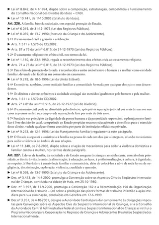 c	Lei nº 8.842, de 4-1-1994, dispõe sobre a composição, estruturação, competência e funcionamento
do Conselho Nacional dos Direitos do Idoso – CNDI.
c	Lei nº 10.741, de 1º-10-2003 (Estatuto do Idoso).
Art. 226. A família, base da sociedade, tem especial proteção do Estado.
c	Lei nº 6.015, de 31-12-1973 (Lei dos Registros Públicos).
c	Lei nº 8.069, de 13-7-1990 (Estatuto da Criança e do Adolescente).
§ 1º O casamento é civil e gratuita a celebração.
c	Arts. 1.511 a 1.570 do CC/2002.
c	Arts. 67 a 76 da Lei nº 6.015, de 31-12-1973 (Lei dos Registros Públicos).
§ 2º O casamento religioso tem efeito civil, nos termos da lei.
c	Lei nº 1.110, de 23-5-1950, regula o reconhecimento dos efeitos civis ao casamento religioso.
c	Arts. 71 a 75 da Lei nº 6.015, de 31-12-1973 (Lei dos Registros Públicos).
§ 3º Para efeito da proteção do Estado, é reconhecida a união estável entre o homem e a mulher como entidade
familiar, devendo a lei facilitar sua conversão em casamento.
c	Lei nº 9.278, de 10-5-1996 (Lei da União Estável).
§ 4º Entende-se, também, como entidade familiar a comunidade formada por qualquer dos pais e seus descen-
dentes.
§ 5º Os direitos e deveres referentes à sociedade conjugal são exercidos igualmente pelo homem e pela mulher.
c	Arts. 1.511 a 1.570 do CC/2002.
c	Arts. 2º a 8º da Lei nº 6.515, de 26-12-1977 (Lei do Divórcio).
§ 6º O casamento civil pode ser dissolvido pelo divórcio, após prévia separação judicial por mais de um ano nos
casos expressos em lei, ou comprovada separação de fato por mais de dois anos.
§ 7º Fundado nos princípios da dignidade da pessoa humana e da paternidade responsável, o planejamento fami-
liar é livre decisão do casal, competindo ao Estado propiciar recursos educacionais e científicos para o exercício
desse direito, vedada qualquer forma coercitiva por parte de instituições oficiais ou privadas.
c	Lei nº 9.263, de 12-1-1996 (Lei do Planejamento Familiar) regulamenta este parágrafo.
§ 8º O Estado assegurará a assistência à família na pessoa de cada um dos que a integram, criando mecanismos
para coibir a violência no âmbito de suas relações.
c	Lei nº 11.340, de 7-8-2006, dispõe sobre a criação de mecanismos para coibir a violência doméstica e
familiar contra a mulher, nos termos deste parágrafo.
Art. 227. É dever da família, da sociedade e do Estado assegurar à criança e ao adolescente, com absoluta prio-
ridade, o direito à vida, à saúde, à alimentação, à educação, ao lazer, à profissionalização, à cultura, à dignidade,
ao respeito, à liberdade e à convivência familiar e comunitária, além de colocá-los a salvo de toda forma de ne-
gligência, discriminação, exploração, violência, crueldade e opressão.
c	Lei nº 8.069, de 13-7-1990 (Estatuto da Criança e do Adolescente).
c	Dec. nº 3.413, de 14-4-2000, promulga a Convenção sobre os Aspectos Civis do Seqüestro Internacio-
nal de Crianças, concluída na cidade de Haia, em 25-10-1980.
c	Dec. nº 3.597, de 12-9-2000, promulga a Convenção 182 e a Recomendação 190 da Organização
Internacional do Trabalho – OIT sobre a proibição das piores formas de trabalho infantil e a ação ime-
diata para sua eliminação, concluí­das em Genebra em 17-6-1999.
c	Dec nº 3.951, de 4-10-2001, designa a Autoridade Central para dar cumprimento às obrigações impos-
tas pela Convenção sobre os Aspectos Civis do Seqüestro Internacional de Crianças, cria o Conselho
da Autoridade Central Administrativa Federal contra o Seqüestro Internacional de Crianças e institui o
Programa Nacional para Cooperação no Regresso de Crianças e Adolescentes Brasileiros Seqüestrados
Internacionalmente.
 
