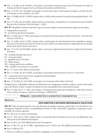 c	Dec. nº 3.956, de 8-10-2001, promulga a Convenção Interamericana para Eliminação de todas as
Formas de Discriminação contra as Pessoas Portadoras de Deficiência.
c	Dec. nº 4.377, de 13-9-2002, promulga a Convenção sobre a Eliminação de todas as Formas de Dis-
criminação contra a Mulher, de 1979.
c	Dec. nº 4.886, de 20-11-2003, dispõe sobre a Política Nacional de Promoção de Igualdade Racial – PN-
PIR.
c	Dec. nº 5.397, de 22-3-2005, dispõe sobre a composição, competência e funcionamento do Conselho
Nacional de Combate à Discriminação – CNCD.
Art. 4º A República Federativa do Brasil rege-se nas suas relações internacionais pelos seguintes princípios:
I – independência nacional;
II – prevalência dos direitos humanos;
c	Dec. nº 678, de 6-11-1992, promulga a Convenção Americana sobre Direitos Humanos – Pacto de São
José da Costa Rica.
c	Dec. nº 4.463, de 8-11-2002, dispõe sobre a declaração de reconhecimento da competência obriga-
tória da Corte Interamericana em todos os casos relativos à interpretação ou aplicação da Convenção
Americana sobre Diretos Humanos.
c	Dec. nº 5.174, de 9-8-2004, dispõe sobre a estrutura regimental da Secretaria Especial dos Direitos
Humanos.
III – autodeterminação dos povos;
IV – não-intervenção;
V – igualdade entre os Estados;
VI – defesa da paz;
VII – solução pacífica dos conflitos;
VIII – repúdio ao terrorismo e ao racismo;
c	Art. 5º, XLII e XLIII, desta Constituição.
c	Dec. nº 5.639, de 26-12-2005, promulga a Convenção Interamericana Contra o Terrorismo.
IX – cooperação entre os povos para o progresso da humanidade;
X – concessão de asilo político.
c	Dec. nº 55.929, de 14-4-1965, promulgou a Convenção sobre Asilo Territorial.
Parágrafo único. A República Federativa do Brasil buscará a integração econômica, política, social e cultural dos
povos da América Latina, visando à formação de uma comunidade latino-americana de nações.
c	Dec. nº 350, de 21-11-1991, promulgou o Tratado de Assunção que estabeleceu o Mercado Comum
entre o Brasil, Paraguai, Argentina e Uruguai – MERCOSUL.
Título II – Dos Direitos e Garantias Fundamentais
Capítulo I
Dos Direitos e Deveres Individuais e Coletivos
Art. 5º Todos são iguais perante a lei, sem distinção de qualquer natureza, garantindo-se aos brasileiros e aos
estrangeiros residentes no País a inviolabilidade do direito à vida, à liberdade, à igualdade, à segurança e à pro­
priedade, nos termos seguintes:
c	Art. 60, § 4º, IV, desta Constituição.
c	Lei nº 1.542, de 5-1-1952, dispõe sobre o casamento dos funcionários da carreira de diplomata com
pessoa de nacionalidade estrangeira.
c	Lei nº 6.815, de 19-8-1980 (Estatuto do Estrangeiro).
c	Dec. nº 86.715, de 10-12-1981, regulamenta a Lei nº 6.815, de 19-8-1980 (Estatuto do Estrangeiro).
c	Súm nº 683 do STF.
I – homens e mulheres são iguais em direitos e obrigações, nos termos desta Constituição;
 