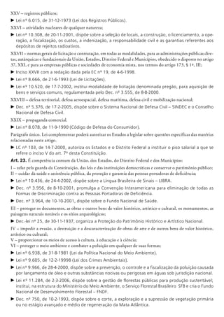 XXV – registros públicos;
c	Lei nº 6.015, de 31-12-1973 (Lei dos Registros Públicos).
XXVI – atividades nucleares de qualquer natureza;
c	Lei nº 10.308, de 20-11-2001, dispõe sobre a seleção de locais, a construção, o licenciamento, a ope-
ração, a fiscalização, os custos, a indenização, a responsabilidade civil e as garantias referentes aos
depósitos de rejeitos radioativos.
XXVII – normas gerais de licitação e contratação, em todas as modalidades, para as administrações públicas dire-
tas, autárquicas e fundacionais da União, Estados, Distrito Federal e Municípios, obedecido o disposto no artigo
37, XXI, e para as empresas públicas e sociedades de economia mista, nos termos do artigo 173, § 1º, III;
c	Inciso XXVII com a redação dada pela EC nº 19, de 4-6-1998.
c	Lei nº 8.666, de 21-6-1993 (Lei de Licitações).
c	Lei nº 10.520, de 17-7-2002, institui modalidade de licitação denominada pregão, para aquisição de
bens e serviços comuns, regulamentada pelo Dec. nº 3.555, de 8-8-2000.
XXVIII – defesa territorial, defesa aeroespa­cial, defesa marítima, defesa civil e mobili­zação nacional;
c	Dec. nº 5.376, de 17-2-2005, dispõe sobre o Sistema Nacional de Defesa Civil – SINDEC e o Conselho
Nacional de Defesa Civil.
XXIX – propaganda comercial.
c	Lei nº 8.078, de 11-9-1990 (Código de Defesa do Consumidor).
Parágrafo único. Lei complementar poderá autorizar os Estados a legislar sobre questões específicas das matérias
relacionadas neste artigo.
c	LC nº 103, de 14-7-2000, autoriza os Estados e o Distrito Federal a instituir o piso salarial a que se
refere o inciso V do art. 7º desta Constituição.
Art. 23. É competência comum da União, dos Estados, do Distrito Federal e dos Municípios:
I – zelar pela guarda da Constituição, das leis e das instituições democráticas e conservar o patrimônio público;
II – cuidar da saúde e assistência pública, da proteção e garantia das pessoas portadoras de deficiência;
c	Lei nº 10.436, de 24-4-2002, dispõe sobre a Língua Brasileira de Sinais – LIBRA.
c	Dec. nº 3.956, de 8-10-2001, promulga a Convenção Interamericana para eliminação de todas as
Formas de Discriminação contra as Pessoas Portadoras de Deficiência.
c	Dec. nº 3.964, de 10-10-2001, dispõe sobre o Fundo Nacional de Saúde.
III – proteger os documentos, as obras e outros bens de valor histórico, artístico e cultural, os monumentos, as
paisagens naturais notáveis e os sítios ar­queo­lógicos;
c	Dec.-lei nº 25, de 30-11-1937, organiza a Proteção do Patrimônio Histórico e Artístico Nacional.
IV – impedir a evasão, a destruição e a descaracterização de obras de arte e de outros bens de valor histórico,
artístico ou cultural;
V – proporcionar os meios de acesso à cultura, à educação e à ciência;
VI – proteger o meio ambiente e combater a poluição em qualquer de suas formas;
c	Lei nº 6.938, de 31-8-1981 (Lei da Política Nacional do Meio Ambiente).
c	Lei nº 9.605, de 12-2-19998 (Lei dos Crimes Ambientais).
c	Lei nº 9.966, de 28-4-2000, dispõe sobre a prevenção, o controle e a fiscalização da poluição causada
por lançamento de óleo e outras substâncias nocivas ou perigosas em águas sob jurisdição nacional.
c	Lei nº 11.284, de 2-3-2006, dispõe sobre a gestão de florestas públicas para produção sustentável;
institui, na estrutura do Ministério do Meio Ambiente, o Serviço Florestal Brasileiro SFB e cria o Fundo
Nacional de Desenvolvimento Florestal – FNDF.
c	Dec. nº 750, de 10-2-1993, dispõe sobre o corte, a exploração e a supressão de vegetação primária
ou no estágio avançado e médio de regeneração da Mata Atlântica.
 