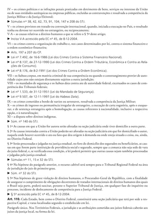 IV – os crimes políticos e as infrações penais praticadas em detrimento de bens, serviços ou interesse da União
ou de suas entidades autárquicas ou empresas públicas, excluídas as contravenções e ressalvada a competência da
Justiça Militar e da Justiça Eleitoral;
c	Súmulas nos
38, 42, 62, 73, 91, 104, 147 e 208 do STJ.
V – os crimes previstos em tratado ou convenção internacional, quando, iniciada a execução no País, o resultado
tenha ou devesse ter ocorrido no estrangeiro, ou reciprocamente;
V-A – as causas relativas a direitos humanos a que se refere o § 5º deste artigo;
c	Inciso V-A acrescido pela EC nº 45, de 8-12-2004.
VI – os crimes contra a organização do trabalho e, nos casos determinados por lei, contra o sistema financeiro e
a ordem econômico-financeira;
c	Arts. 197 a 207 do CP.
c	Lei nº 7.492, de 16-6-1986 (Lei dos Crimes Contra o Sistema Financeiro Nacional).
c	Lei nº 8.137, de 27-12-1990 (Lei dos Crimes Contra a Ordem Tributária, Econômica e Contra as Rela-
ções de Consumo).
c	Lei nº 8.176, de 8-2-1991 (Lei dos Crimes Contra a Ordem Econômica).
VII – os habeas corpus, em matéria criminal de sua competência ou quando o constrangimento provier de auto-
ridade cujos atos não estejam diretamente sujeitos a outra jurisdição;
VIII – os mandados de segurança e os habeas data contra ato de autoridade federal, excetua­dos os casos de com-
petência dos Tribunais federais;
c	Lei nº 1.533, de 31-12-1951 (Lei do Mandado de Segurança).
c	Lei nº 9.507, de 12-11-1997 (Lei do Habeas Data).
IX – os crimes cometidos a bordo de navios ou aeronaves, ressalvada a competência da Justiça Militar;
X – os crimes de ingresso ou permanência irregular de estrangeiro, a execução de carta rogatória, após o exequa-
tur, e de sentença estrangeira após a homologação, as causas referentes à nacionalidade, inclusive a respectiva
opção, e à naturalização;
XI – a disputa sobre direitos indígenas.
c	Súm. nº 140 do STJ.
§ 1º As causas em que a União for autora serão aforadas na seção judiciária onde tiver domicílio a outra parte.
§ 2º As causas intentadas contra a União poderão ser aforadas na seção judiciária em que for domi­ciliado o autor,
naquela onde houver ocorrido o ato ou fato que deu origem à demanda ou onde esteja situa­da a coisa, ou, ainda,
no Distrito Federal.
§ 3º Serão processadas e julgadas na justiça estadual, no foro do domicílio dos segurados ou beneficiários, as cau-
sas em que forem parte instituição de previdência social e segurado, sempre que a comarca não seja sede de vara
do juízo federal, e, se veri­ficada essa condição, a lei poderá permitir que outras causas sejam também processadas
e julgadas pela justiça estadual.
c	Súmulas nos
11, 15 e 32 do STJ.
§ 4º Na hipótese do parágrafo anterior, o recurso cabível será sempre para o Tribunal Regional Federal na área
de jurisdição do juiz de primeiro grau.
c	Súm. nº 32 do STJ.
§ 5º Nas hipóteses de grave violação de direitos humanos, o Procurador-Geral da República, com a finalidade
de assegurar o cumprimento de obrigações decorrentes de tratados internacionais de direitos humanos dos quais
o Brasil seja parte, poderá suscitar, perante o Superior Tribunal de Justiça, em qualquer fase do inquérito ou
processo, incidente de deslocamento de competência para a Justiça Federal.
c	§ 5º acrescido pela EC nº 45, de 8-12-2004.
Art. 110. Cada Estado, bem como o Distrito Federal, constituirá uma seção judi­ciária que terá por sede a res-
pectiva Capital, e varas localizadas segundo o estabelecido em lei.
Parágrafo único. Nos Territórios Federais, a jurisdição e as atribuições cometidas aos juízes federais caberão aos
juízes da justiça local, na forma da lei.
 