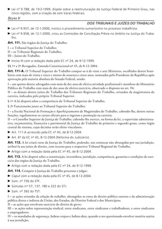 c	Lei nº 9.788, de 19-2-1999, dispõe sobre a reestruturação da Justiça Federal de Primeiro Grau, nas
cinco regiões, com a criação de cem Varas Federais.
Seção V
Dos Tribunais e Juízes do Trabalho
c	Lei nº 9.957, de 12-1-2000, institui o procedimento sumaríssimo no processo trabalhista.
c	Lei nº 9.958, de 12-1-2000, criou as Comissões de Conciliação Prévia no âmbito na Justiça do Traba-
lho.
Art. 111. São órgãos da Justiça do Trabalho:
I – o Tribunal Superior do Trabalho;
II – os Tribunais Regionais do Trabalho;
III – Juízes do Trabalho.
c	Inciso III com a redação dada pela EC nº 24, de 9-12-1999.
§§ 1º a 3º Revogados. Emenda Constitucional nº 45, de 8-12-2004.
Art. 111-A. O Tribunal Superior do Trabalho compor-se-á de vinte e sete Ministros, escolhidos dentre brasi-
leiros com mais de trinta e cinco e menos de sessenta e cinco anos, nomeados pelo Presidente da República após
aprovação pela maioria absoluta do Senado Federal, sendo:
I – um quinto dentre advogados com mais de dez anos de efetiva atividade profissional e membros do Ministério
Público do Trabalho com mais de dez anos de efetivo exercício, observado o disposto no art. 94;
II – os demais dentre juízes do Trabalho dos Tribunais Regionais do Trabalho, oriundos da magistratura da
carreira, indicados pelo próprio Tribunal Superior.
§ 1º A lei disporá sobre a competência do Tribunal Superior do Trabalho.
§ 2º Funcionarão junto ao Tribunal Superior do Trabalho:
I – a Escola Nacional de Formação e Aperfeiçoamento de Magistrados do Trabalho, cabendo-lhe, dentre outras
funções, regula­mentar os cursos oficiais para o ingresso e promoção na carreira;
II – o Conselho Superior da Justiça do Trabalho, cabendo-lhe exercer, na forma da lei, a supervisão administra-
tiva, orçamentária, financeira e patrimonial da Justiça do Trabalho de primeiro e segundo graus, como órgão
central do sistema, cujas decisões terão efeito vinculante.
c	Art. 111-A acrescido pela EC nº 45, de 8-12-2004.
c	Art. 6º da EC nº 45, 8-12-2004 (Reforma do Judiciário).
Art. 112. A lei criará varas da Justiça do Trabalho, podendo, nas comarcas não abrangidas por sua jurisdição,
atribuí-la aos juízes de direito, com recurso para o respectivo Tribunal Regional do Trabalho.
c	Artigo com a redação dada pela EC nº 45, de 8-12-2004.
Art. 113. A lei disporá sobre a constituição, investidura, jurisdição, competência, garantias e condições de exer-
cício dos órgãos da Justiça do Trabalho.
c	Artigo com a redação dada pela EC nº 24, de 9-12-1999.
Art. 114. Compete à Justiça do Trabalho processar e julgar:
c	Caput com a redação dada pela EC nº 45, de 8-12-2004.
c	Súm. nº 736 do STF.
c	Súmulas nos
57, 137, 180 e 222 do STJ.
c	Súm. nº 392 do TST.
I – as ações oriundas da relação de trabalho, abrangidos os entes de direito público externo e da administração
pública direta e indireta da União, dos Estados, do Distrito Federal e dos Municípios;
II – as ações que envolvam exercício do direito de greve;
III – as ações sobre representação sindical, entre sindicatos, entre sindicatos e trabalhadores, e entre sindicatos
e empregadores;
IV – os mandados de segurança, habeas corpus e habeas data, quando o ato questionado envolver matéria sujeita
à sua jurisdição;
 