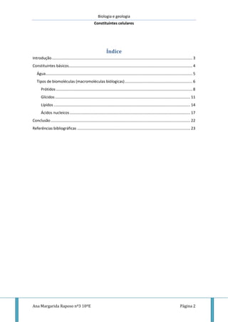 Biologia e geologia
Constituintes celulares
Ana Margarida Raposo nº3 10ºE Página 2
Índice
Introdução..................................................................................................................................... 3
Constituintes básicos..................................................................................................................... 4
Água........................................................................................................................................... 5
Tipos de biomoléculas (macromoléculas biólogicas)................................................................ 6
Prótidos ................................................................................................................................. 8
Glícidos................................................................................................................................ 11
Lípidos ................................................................................................................................. 14
Ácidos nucleicos.................................................................................................................. 17
Conclusão.................................................................................................................................... 22
Referências bibliográficas ........................................................................................................... 23
 