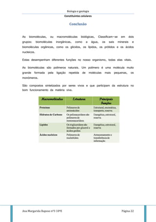 Biologia e geologia
Constituintes celulares
Ana Margarida Raposo nº3 10ºE Página 22
Conclusão
As biomoléculas, ou macromoléculas biológicas, Classificam-se em dois
grupos: biomoléculas inorgânicas, como a água, os sais minerais e
biomoléculas orgânicas, como os glícidos, os lípidos, os prótidos e os ácidos
nucleicos.
Estas desempenham diferentes funções no nosso organismo, todas elas vitais.
As biomoléculas são polímeros naturais. Um polímero é uma molécula muito
grande formada pela ligação repetida de moléculas mais pequenas, os
monómeros.
São compostos sintetizados por seres vivos e que participam da estrutura no
bom funcionamento da matéria viva.
 
