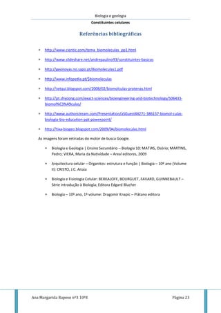 Biologia e geologia
Constituintes celulares
Ana Margarida Raposo nº3 10ºE Página 23
Referências bibliográficas
 http://www.cientic.com/tema_biomoleculas_pp1.html
 http://www.slideshare.net/andrepaulino93/constituintes-basicos
 http://geonovas.no.sapo.pt/Biomoleculas1.pdf
 http://www.infopedia.pt/$biomoleculas
 http://setqui.blogspot.com/2008/02/biomolculas-protenas.html
 http://pt.shvoong.com/exact-sciences/bioengineering-and-biotechnology/506433-
biomol%C3%A9culas/
 http://www.authorstream.com/Presentation/aSGuest44271-386157-biomol-culas-
biologia-bio-education-ppt-powerpoint/
 http://tixa-biogeo.blogspot.com/2009/04/biomoleculas.html
As imagens foram retiradas do motor de busca Google.
 Biologia e Geologia | Ensino Secundário – Biologia 10: MATIAS, Osório; MARTINS,
Pedro; VIERA, Maria da Natividade – Areal editores, 2009
 Arquitectura celular – Organitos: estrutura e função | Biologia – 10º ano (Volume
II): CRISTO, J.C. Anaia
 Biologia e Fisiologia Celular: BERKALOFF, BOURGUET, FAVARD, GUINNEBAULT –
Série introdução à Biologia; Editora Edgard Blucher
 Biologia – 10º ano, 1º volume: Dragomir Knapic – Plátano editora
 