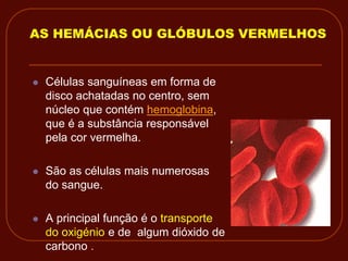 AS HEMÁCIAS OU GLÓBULOS VERMELHOS


   Células sanguíneas em forma de
    disco achatadas no centro, sem
    núcleo que contém hemoglobina,
    que é a substância responsável
    pela cor vermelha.

   São as células mais numerosas
    do sangue.

   A principal função é o transporte
    do oxigénio e de algum dióxido de
    carbono .
 