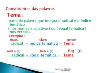 Tema :
parte da palavra que integra o radical e o índice
 temático
( nos nomes e adjetivos) ou ( vogal temática (
 nos verbos).
 Exemplos :
 mapa             claro                      gente
  radical + índice temático = Tema

and a (r)         beb e (r)     fug i (r)
   radical + vogal temática = Tema


                              Luís Sérgio - RECURSOS
                                       EDUCATIVOS -
 