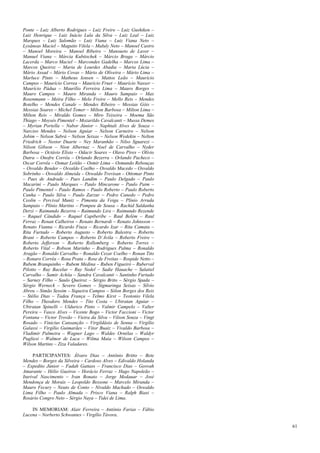 Ponte – Luiz Alberto Rodrigues – Luiz Freire – Luiz Gushiken –
Luiz Henrique – Luiz Inácio Lula da Silva – Luiz Leal – Luiz
Marques – Luiz Salomão – Luiz Viana – Luiz Viana Neto –
Lysâneas Maciel – Maguito Vilela – Maluly Neto – Manoel Castro
– Manoel Moreira – Manoel Ribeiro – Mansueto de Lavor –
Manuel Viana – Márcia Kubitschek – Márcio Braga – Márcio
Lacerda – Marco Maciel – Marcondes Gadelha – Marcos Lima –
Marcos Queiroz – Maria de Lourdes Abadia – Maria Lúcia –
Mário Assad – Mário Covas – Mário de Oliveira – Mário Lima –
Marluce Pinto – Matheus Iensen – Mattos Leão – Maurício
Campos – Maurício Correa – Maurício Fruet – Maurício Nasser –
Maurício Pádua – Maurílio Ferreira Lima – Mauro Borges –
Mauro Campos – Mauro Miranda – Mauro Sampaio – Max
Rosenmann – Meira Filho – Melo Freire – Mello Reis – Mendes
Botelho – Mendes Canale – Mendes Ribeiro – Messias Góis –
Messias Soares – Michel Temer – Milton Barbosa – Milton Lima –
Milton Reis – Miraldo Gomes – Miro Teixeira – Moema São
Thiago – Moysés Pimentel – Mozarildo Cavalcanti – Mussa Demes
– Myrian Portella – Nabor Júnior – Naphtali Alves de Souza –
Narciso Mendes – Nelson Aguiar – Nelson Carneiro – Nelson
Jobim – Nelson Sabrá – Nelson Seixas – Nelson Wedekin – Nelton
Friedrich – Nestor Duarte – Ney Maranhão – Nilso Sguarezi –
Nilson Gibson – Nion Albernaz – Noel de Carvalho – Nyder
Barbosa – Octávio Elísio – Odacir Soares – Olavo Pires – Olívio
Dutra – Onofre Corrêa – Orlando Bezerra – Orlando Pacheco –
Oscar Corrêa – Osmar Leitão – Osmir Lima – Osmundo Rebouças
– Osvaldo Bender – Osvaldo Coelho – Osvaldo Macedo – Osvaldo
Sobrinho – Oswaldo Almeida – Oswaldo Trevisan – Ottomar Pinto
– Paes de Andrade – Paes Landim – Paulo Delgado – Paulo
Macarini – Paulo Marques – Paulo Mincarone – Paulo Paim –
Paulo Pimentel – Paulo Ramos – Paulo Roberto – Paulo Roberto
Cunha – Paulo Silva – Paulo Zarzur – Pedro Canedo – Pedro
Ceolin – Percival Muniz – Pimenta da Veiga – Plínio Arruda
Sampaio – Plínio Martins – Pompeu de Sousa – Rachid Saldanha
Derzi – Raimundo Bezerra – Raimundo Lira – Raimundo Rezende
– Raquel Cândido – Raquel Capiberibe – Raul Belém – Raul
Ferraz – Renan Calheiros – Renato Bernardi – Renato Johnsson –
Renato Vianna – Ricardo Fiuza – Ricardo Izar – Rita Camata –
Rita Furtado – Roberto Augusto – Roberto Balestra – Roberto
Brant – Roberto Campos – Roberto D´Ávila – Roberto Freire –
Roberto Jefferson – Roberto Rollemberg – Roberto Torres –
Roberto Vital – Robson Marinho – Rodrigues Palma – Ronaldo
Aragão – Ronaldo Carvalho – Ronaldo Cezar Coelho – Ronan Tito
– Ronaro Corrêa – Rosa Prata – Rose de Freitas – Rospide Netto –
Rubem Branquinho – Rubem Medina – Ruben Figueiró – Ruberval
Pilotto – Ruy Bacelar – Ruy Nedel – Sadie Hauache – Salatiel
Carvalho – Samir Achôa – Sandra Cavalcanti – Santinho Furtado
– Sarney Filho – Saulo Queiroz – Sérgio Brito – Sérgio Spada –
Sérgio Werneck – Severo Gomes – Sigmaringa Seixas – Sílvio
Abreu – Simão Sessim – Siqueira Campos – Sólon Borges dos Reis
– Stélio Dias – Tadeu França – Telmo Kirst – Teotonio Vilela
Filho – Theodoro Mendes – Tito Costa – Ubiratan Aguiar –
Ubiratan Spinelli – Uldurico Pinto – Valmir Campelo – Valter
Pereira – Vasco Alves – Vicente Bogo – Victor Faccioni – Victor
Fontana – Victor Trovão – Vieira da Silva – Vilson Souza – Vingt
Rosado – Vinicius Cansanção – Virgildásio de Senna – Virgílio
Galassi – Virgílio Guimarães – Vitor Buaiz – Vivaldo Barbosa –
Vladimir Palmeira – Wagner Lago – Waldec Ornélas – Waldyr
Pugliesi – Walmor de Luca – Wilma Maia – Wilson Campos –
Wilson Martins – Ziza Valadares.
PARTICIPANTES: Álvaro Dias – Antônio Britto – Bete
Mendes – Borges da Silveira – Cardoso Alves – Edivaldo Holanda
– Expedito Júnior – Fadah Gattass – Francisco Dias – Geovah
Amarante – Hélio Gueiros – Horácio Ferraz – Hugo Napoleão –
Iturival Nascimento – Ivan Bonato – Jorge Medauar – José
Mendonça de Morais – Leopoldo Bessone – Marcelo Miranda –
Mauro Fecury – Neuto de Conto – Nivaldo Machado – Oswaldo
Lima Filho – Paulo Almada – Prisco Viana – Ralph Biasi –
Rosário Congro Neto – Sérgio Naya – Tidei de Lima.
IN MEMORIAM: Alair Ferreira – Antônio Farias – Fábio
Lucena – Norberto Schwantes – Virgílio Távora.
61

 