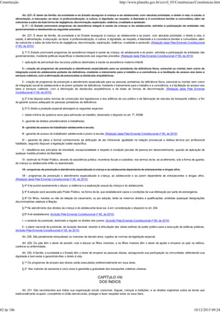 Art. 227. É dever da família, da sociedade e do Estado assegurar à criança e ao adolescente, com absoluta prioridade, o direito à vida, à saúde, à
alimentação, à educação, ao lazer, à profissionalização, à cultura, à dignidade, ao respeito, à liberdade e à convivência familiar e comunitária, além de
colocá-los a salvo de toda forma de negligência, discriminação, exploração, violência, crueldade e opressão.
§ 1º - O Estado promoverá programas de assistência integral à saúde da criança e do adolescente, admitida a participação de entidades não
governamentais e obedecendo os seguintes preceitos:
Art. 227. É dever da família, da sociedade e do Estado assegurar à criança, ao adolescente e ao jovem, com absoluta prioridade, o direito à vida, à
saúde, à alimentação, à educação, ao lazer, à profissionalização, à cultura, à dignidade, ao respeito, à liberdade e à convivência familiar e comunitária, além
de colocá-los a salvo de toda forma de negligência, discriminação, exploração, violência, crueldade e opressão. (Redação dada Pela Emenda Constitucional
nº 65, de 2010)
§ 1º O Estado promoverá programas de assistência integral à saúde da criança, do adolescente e do jovem, admitida a participação de entidades não
governamentais, mediante políticas específicas e obedecendo aos seguintes preceitos: (Redação dada Pela Emenda Constitucional nº 65, de 2010)
I - aplicação de percentual dos recursos públicos destinados à saúde na assistência materno-infantil;
II - criação de programas de prevenção e atendimento especializado para os portadores de deficiência física, sensorial ou mental, bem como de
integração social do adolescente portador de deficiência, mediante o treinamento para o trabalho e a convivência, e a facilitação do acesso aos bens e
serviços coletivos, com a eliminação de preconceitos e obstáculos arquitetônicos.
II - criação de programas de prevenção e atendimento especializado para as pessoas portadoras de deficiência física, sensorial ou mental, bem como
de integração social do adolescente e do jovem portador de deficiência, mediante o treinamento para o trabalho e a convivência, e a facilitação do acesso aos
bens e serviços coletivos, com a eliminação de obstáculos arquitetônicos e de todas as formas de discriminação. (Redação dada Pela Emenda
Constitucional nº 65, de 2010)
§ 2º A lei disporá sobre normas de construção dos logradouros e dos edifícios de uso público e de fabricação de veículos de transporte coletivo, a fim
de garantir acesso adequado às pessoas portadoras de deficiência.
§ 3º O direito a proteção especial abrangerá os seguintes aspectos:
I - idade mínima de quatorze anos para admissão ao trabalho, observado o disposto no art. 7º, XXXIII;
II - garantia de direitos previdenciários e trabalhistas;
III - garantia de acesso do trabalhador adolescente à escola;
III - garantia de acesso do trabalhador adolescente e jovem à escola; (Redação dada Pela Emenda Constitucional nº 65, de 2010)
IV - garantia de pleno e formal conhecimento da atribuição de ato infracional, igualdade na relação processual e defesa técnica por profissional
habilitado, segundo dispuser a legislação tutelar específica;
V - obediência aos princípios de brevidade, excepcionalidade e respeito à condição peculiar de pessoa em desenvolvimento, quando da aplicação de
qualquer medida privativa da liberdade;
VI - estímulo do Poder Público, através de assistência jurídica, incentivos fiscais e subsídios, nos termos da lei, ao acolhimento, sob a forma de guarda,
de criança ou adolescente órfão ou abandonado;
VII - programas de prevenção e atendimento especializado à criança e ao adolescente dependente de entorpecentes e drogas afins.
VII - programas de prevenção e atendimento especializado à criança, ao adolescente e ao jovem dependente de entorpecentes e drogas afins.
(Redação dada Pela Emenda Constitucional nº 65, de 2010)
§ 4º A lei punirá severamente o abuso, a violência e a exploração sexual da criança e do adolescente.
§ 5º A adoção será assistida pelo Poder Público, na forma da lei, que estabelecerá casos e condições de sua efetivação por parte de estrangeiros.
§ 6º Os filhos, havidos ou não da relação do casamento, ou por adoção, terão os mesmos direitos e qualificações, proibidas quaisquer designações
discriminatórias relativas à filiação.
§ 7º No atendimento dos direitos da criança e do adolescente levar-se- á em consideração o disposto no art. 204.
§ 8º A lei estabelecerá: (Incluído Pela Emenda Constitucional nº 65, de 2010)
I - o estatuto da juventude, destinado a regular os direitos dos jovens; (Incluído Pela Emenda Constitucional nº 65, de 2010)
II - o plano nacional de juventude, de duração decenal, visando à articulação das várias esferas do poder público para a execução de políticas públicas.
(Incluído Pela Emenda Constitucional nº 65, de 2010)
Art. 228. São penalmente inimputáveis os menores de dezoito anos, sujeitos às normas da legislação especial.
Art. 229. Os pais têm o dever de assistir, criar e educar os filhos menores, e os filhos maiores têm o dever de ajudar e amparar os pais na velhice,
carência ou enfermidade.
Art. 230. A família, a sociedade e o Estado têm o dever de amparar as pessoas idosas, assegurando sua participação na comunidade, defendendo sua
dignidade e bem-estar e garantindo-lhes o direito à vida.
§ 1º Os programas de amparo aos idosos serão executados preferencialmente em seus lares.
§ 2º Aos maiores de sessenta e cinco anos é garantida a gratuidade dos transportes coletivos urbanos.
CAPÍTULO VIII
DOS ÍNDIOS
Art. 231. São reconhecidos aos índios sua organização social, costumes, línguas, crenças e tradições, e os direitos originários sobre as terras que
tradicionalmente ocupam, competindo à União demarcá-las, proteger e fazer respeitar todos os seus bens.
Constituição http://www.planalto.gov.br/ccivil_03/Constituicao/Constituicao.htm
82 de 106 10/12/2015 09:24
 