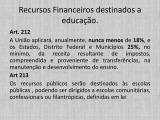 Recursos Financeiros destinados a
educação.
Art. 212
A União aplicará, anualmente, nunca menos de 18%, e
os Estados, Distrito Federal e Municípios 25%, no
mínimo, da receita resultante de impostos,
compreendida e proveniente de transferências, na
manutenção e desenvolvimento do ensino.
Art 213
Os recursos públicos serão destinados às escolas
públicas , podendo ser dirigidos a escolas comunitárias,
confessionais ou filantrópicas, definidas em lei
 