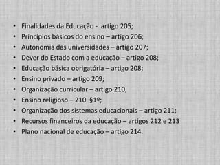 • Finalidades da Educação - artigo 205;
• Princípios básicos do ensino – artigo 206;
• Autonomia das universidades – artigo 207;
• Dever do Estado com a educação – artigo 208;
• Educação básica obrigatória – artigo 208;
• Ensino privado – artigo 209;
• Organização curricular – artigo 210;
• Ensino religioso – 210 §1º;
• Organização dos sistemas educacionais – artigo 211;
• Recursos financeiros da educação – artigos 212 e 213
• Plano nacional de educação – artigo 214.
 