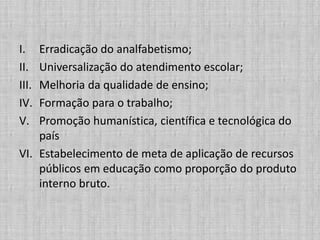 I. Erradicação do analfabetismo;
II. Universalização do atendimento escolar;
III. Melhoria da qualidade de ensino;
IV. Formação para o trabalho;
V. Promoção humanística, científica e tecnológica do
país
VI. Estabelecimento de meta de aplicação de recursos
públicos em educação como proporção do produto
interno bruto.
 