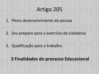 Artigo 205
1. Pleno desenvolvimento da pessoa
2. Seu preparo para o exercício da cidadania
3. Qualificação para o trabalho
3 Finalidades do processo Educacional
 