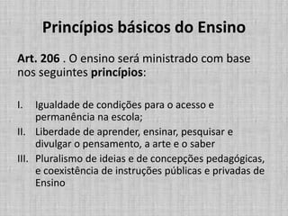 Princípios básicos do Ensino
Art. 206 . O ensino será ministrado com base
nos seguintes princípios:
I. Igualdade de condições para o acesso e
permanência na escola;
II. Liberdade de aprender, ensinar, pesquisar e
divulgar o pensamento, a arte e o saber
III. Pluralismo de ideias e de concepções pedagógicas,
e coexistência de instruções públicas e privadas de
Ensino
 