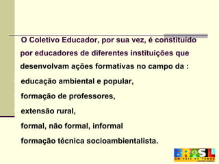 O Coletivo Educador, por sua vez, é constituído  por educadores de diferentes instituições que desenvolvam ações formativas no campo da : educação ambiental e popular,  formação de professores,  extensão rural, formal, não formal, informal  formação técnica socioambientalista. 