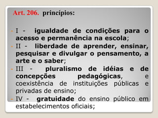 • I - igualdade de condições para o
acesso e permanência na escola;
• II - liberdade de aprender, ensinar,
pesquisar e divulgar o pensamento, a
arte e o saber;
• III - pluralismo de idéias e de
concepções pedagógicas, e
coexistência de instituições públicas e
privadas de ensino;
• IV - gratuidade do ensino público em
estabelecimentos oficiais;
Art. 206. princípios:
 