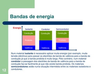 12
Bandas de energia
Energia
Num material isolante é necessário aplicar muita energia (por exemplo, muita
tensão eléctrica) para passar os electrões da banda de valência para a banda de
condução já que a banda proibida é muito larga. Pelo contrário, num material
condutor a passagem dos electrões da banda de valência para a banda de
condução faz-se facilmente já que não existe banda proibida. Os materiais
semicondutores estão numa situação intermédia entre os materiais isoladores e
condutores.
 