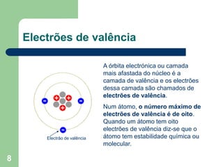 8
Electrões de valência
Electrão de valência
A órbita electrónica ou camada
mais afastada do núcleo é a
camada de valência e os electrões
dessa camada são chamados de
electrões de valência.
Num átomo, o número máximo de
electrões de valência é de oito.
Quando um átomo tem oito
electrões de valência diz-se que o
átomo tem estabilidade química ou
molecular.
 