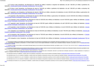 Constituição                                                                                                                                                             http://www.planalto.gov.br/ccivil_03/constituicao/constitui%C3%A7ao.htm


                  o) 37 (trinta e sete) Vereadores, nos Municípios de 1.350.000 (um milhão e trezentos e cinquenta mil) habitantes e de até 1.500.000 (um milhão e quinhentos mil)
            habitantes; (Incluída pela Emenda Constituição Constitucional nº 58, de 2009)

                  p) 39 (trinta e nove) Vereadores, nos Municípios de mais de 1.500.000 (um milhão e quinhentos mil) habitantes e de até 1.800.000 (um milhão e oitocentos mil)
            habitantes; (Incluída pela Emenda Constituição Constitucional nº 58, de 2009)

                  q) 41 (quarenta e um) Vereadores, nos Municípios de mais de 1.800.000 (um milhão e oitocentos mil) habitantes e de até 2.400.000 (dois milhões e quatrocentos mil)
            habitantes; (Incluída pela Emenda Constituição Constitucional nº 58, de 2009)

                   r) 43 (quarenta e três) Vereadores, nos Municípios de mais de 2.400.000 (dois milhões e quatrocentos mil) habitantes e de até 3.000.000 (três milhões) de habitantes;
            (Incluída pela Emenda Constituição Constitucional nº 58, de 2009)

                  s) 45 (quarenta e cinco) Vereadores, nos Municípios de mais de 3.000.000 (três milhões) de habitantes e de até 4.000.000 (quatro milhões) de habitantes; (Incluída
            pela Emenda Constituição Constitucional nº 58, de 2009)

                  t) 47 (quarenta e sete) Vereadores, nos Municípios de mais de 4.000.000 (quatro milhões) de habitantes e de até 5.000.000 (cinco milhões) de habitantes; (Incluída
            pela Emenda Constituição Constitucional nº 58, de 2009)

                  u) 49 (quarenta e nove) Vereadores, nos Municípios de mais de 5.000.000 (cinco milhões) de habitantes e de até 6.000.000 (seis milhões) de habitantes; (Incluída
            pela Emenda Constituição Constitucional nº 58, de 2009)

                 v) 51 (cinquenta e um) Vereadores, nos Municípios de mais de 6.000.000 (seis milhões) de habitantes e de até 7.000.000 (sete milhões) de habitantes; (Incluída pela
            Emenda Constituição Constitucional nº 58, de 2009)

                  w) 53 (cinquenta e três) Vereadores, nos Municípios de mais de 7.000.000 (sete milhões) de habitantes e de até 8.000.000 (oito milhões) de habitantes; e (Incluída
            pela Emenda Constituição Constitucional nº 58, de 2009)

                    x) 55 (cinquenta e cinco) Vereadores, nos Municípios de mais de 8.000.000 (oito milhões) de habitantes; (Incluída pela Emenda Constituição Constitucional nº 58, de
            2009)
                 V - remuneração do Prefeito, do Vice-Prefeito e dos Vereadores fixada pela Câmara Municipal em cada legislatura, para a subseqüente, observado o que dispõem os arts. 37, XI, 150, II, 153, III, e 153, § 2.º, I;
               VI - a remuneração dos Vereadores corresponderá a, no máximo, setenta e cinco por cento daquela estabelecida, em espécie, para os Deputados Estaduais, ressalvado o que dispõe o art. 37, XI; (Incluído pela Emenda
            Constitucional nº 1, de 1992)

                 V - subsídios do Prefeito, do Vice-Prefeito e dos Secretários Municipais fixados por lei de iniciativa da Câmara Municipal, observado o que dispõem os arts. 37, XI, 39, § 4º, 150, II, 153, III, e 153, § 2º, I; (Redação dada pela Emenda
            constitucional nº 19, de 1998)

                  VI - subsídio dos Vereadores fixado por lei de iniciativa da Câmara Municipal, na razão de, no máximo, setenta e cinco por cento daquele estabelecido, em espécie, para os Deputados Estaduais, observado o que dispõem os arts.
            39, § 4º, 57, § 7º, 150, II, 153, III, e 153, § 2º, I; (Redação dada pela Emenda constitucional nº 19, de 1998)

                VI - o subsídio dos Vereadores será fixado pelas respectivas Câmaras Municipais em cada legislatura para a subseqüente, observado o que dispõe esta Constituição, observados os critérios estabelecidos na respectiva Lei
            Orgânica e os seguintes limites máximos: (Redação dada pela Emenda Constitucional nº 25, de 2000)

                 a) em Municípios de até dez mil habitantes, o subsídio máximo dos Vereadores corresponderá a vinte por cento do subsídio dos Deputados Estaduais; (Incluído pela Emenda Constitucional nº 25, de 2000)

                 b) em Municípios de dez mil e um a cinqüenta mil habitantes, o subsídio máximo dos Vereadores corresponderá a trinta por cento do subsídio dos Deputados Estaduais; (Incluído pela Emenda Constitucional nº 25, de 2000)

                 c) em Municípios de cinqüenta mil e um a cem mil habitantes, o subsídio máximo dos Vereadores corresponderá a quarenta por cento do subsídio dos Deputados Estaduais; (Incluído pela Emenda Constitucional nº 25, de 2000)

                 d) em Municípios de cem mil e um a trezentos mil habitantes, o subsídio máximo dos Vereadores corresponderá a cinqüenta por cento do subsídio dos Deputados Estaduais; (Incluído pela Emenda Constitucional nº 25, de 2000)

                 e) em Municípios de trezentos mil e um a quinhentos mil habitantes, o subsídio máximo dos Vereadores corresponderá a sessenta por cento do subsídio dos Deputados Estaduais; (Incluído pela Emenda Constitucional nº 25, de
            2000)



18 de 120                                                                                                                                                                                                                                            8/6/2010 09:24
 