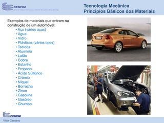 Vítor Caetano
Tecnologia Mecânica
Princípios Básicos dos Materiais
Exemplos de materiais que entram na
construção de um automóvel:
• Aço (vários aços)
• Água
• Vidro
• Plásticos (vários tipos)
• Tecidos
• Alumínio
• Latão
• Cobre
• Estanho
• Propano
• Ácido Sulfúrico
• Crómio
• Níquel
• Borracha
• Zinco
• Gasolina
• Gasóleo
• Chumbo
 