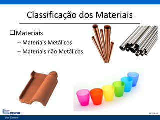 Classificação dos Materiais
Materiais
– Materiais Metálicos
– Materiais não Metálicos
Vítor Caetano 44IMP CON 018
Vítor Caetano
 
