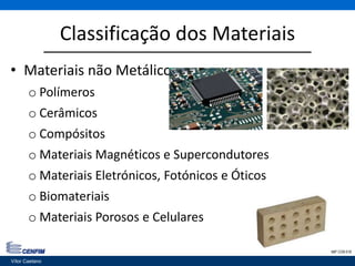 Classificação dos Materiais
• Materiais não Metálicos
o Polímeros
o Cerâmicos
o Compósitos
o Materiais Magnéticos e Supercondutores
o Materiais Eletrónicos, Fotónicos e Óticos
o Biomateriais
o Materiais Porosos e Celulares
Vítor Caetano 46IMP CON 018
Vítor Caetano
 