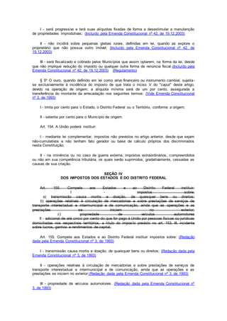 I - será progressivo e terá suas alíquotas fixadas de forma a desestimular a manutenção
de propriedades improdutivas; (Incluído pela Emenda Constitucional nº 42, de 19.12.2003)
II - não incidirá sobre pequenas glebas rurais, definidas em lei, quando as explore o
proprietário que não possua outro imóvel; (Incluído pela Emenda Constitucional nº 42, de
19.12.2003)
III - será fiscalizado e cobrado pelos Municípios que assim optarem, na forma da lei, desde
que não implique redução do imposto ou qualquer outra forma de renúncia fiscal.(Incluído pela
Emenda Constitucional nº 42, de 19.12.2003) (Regulamento)
§ 5º O ouro, quando definido em lei como ativo financeiro ou instrumento cambial, sujeita-
se exclusivamente à incidência do imposto de que trata o inciso V do "caput" deste artigo,
devido na operação de origem; a alíquota mínima será de um por cento, assegurada a
transferência do montante da arrecadação nos seguintes termos: (Vide Emenda Constitucional
nº 3, de 1993)
I - trinta por cento para o Estado, o Distrito Federal ou o Território, conforme a origem;
II - setenta por cento para o Município de origem.
Art. 154. A União poderá instituir:
I - mediante lei complementar, impostos não previstos no artigo anterior, desde que sejam
não-cumulativos e não tenham fato gerador ou base de cálculo próprios dos discriminados
nesta Constituição;
II - na iminência ou no caso de guerra externa, impostos extraordinários, compreendidos
ou não em sua competência tributária, os quais serão suprimidos, gradativamente, cessadas as
causas de sua criação.
SEÇÃO IV
DOS IMPOSTOS DOS ESTADOS E DO DISTRITO FEDERAL
Art. 155. Compete aos Estados e ao Distrito Federal instituir:
I - impostos sobre:
a) transmissão causa mortis e doação, de quaisquer bens ou direitos;
b) operações relativas à circulação de mercadorias e sobre prestações de serviços de
transporte interestadual e intermunicipal e de comunicação, ainda que as operações e as
prestações se iniciem no exterior;
c) propriedade de veículos automotores
II - adicional de até cinco por cento do que for pago à União por pessoas físicas ou jurídicas
domiciliadas nos respectivos territórios, a título do imposto previsto no art. 153, III, incidente
sobre lucros, ganhos e rendimentos de capital.
Art. 155. Compete aos Estados e ao Distrito Federal instituir impostos sobre: (Redação
dada pela Emenda Constitucional nº 3, de 1993)
I - transmissão causa mortis e doação, de quaisquer bens ou direitos; (Redação dada pela
Emenda Constitucional nº 3, de 1993)
II - operações relativas à circulação de mercadorias e sobre prestações de serviços de
transporte interestadual e intermunicipal e de comunicação, ainda que as operações e as
prestações se iniciem no exterior;(Redação dada pela Emenda Constitucional nº 3, de 1993)
III - propriedade de veículos automotores. (Redação dada pela Emenda Constitucional nº
3, de 1993)
 